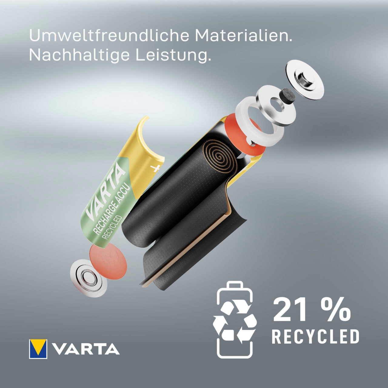 VARTA wiederaufladbare Batterien »wiederaufladbare Akkus«, 1,2 V, (Packung, 4 St.), VARTA Recharge Accu Recycled, Ready-To-Use vorgeladener AA Micro Ni-MH Akku (4er Pack, 2100mAh) - aus 11% recyceltem Material - wiederaufladbar ohne Memory Effekt