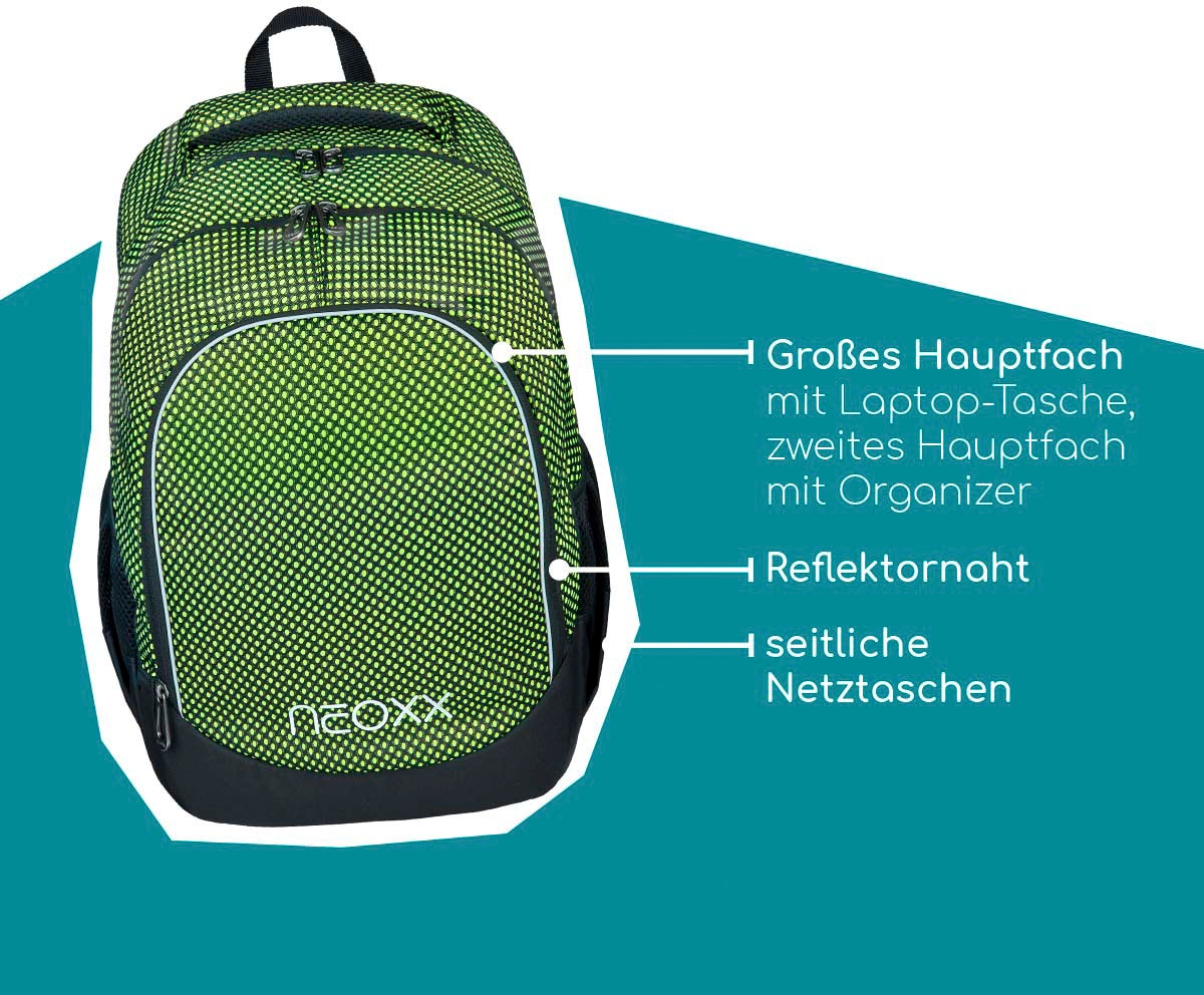 neoxx Schulrucksack »Fly, All about Neon«, aus recycelten PET-Flaschen