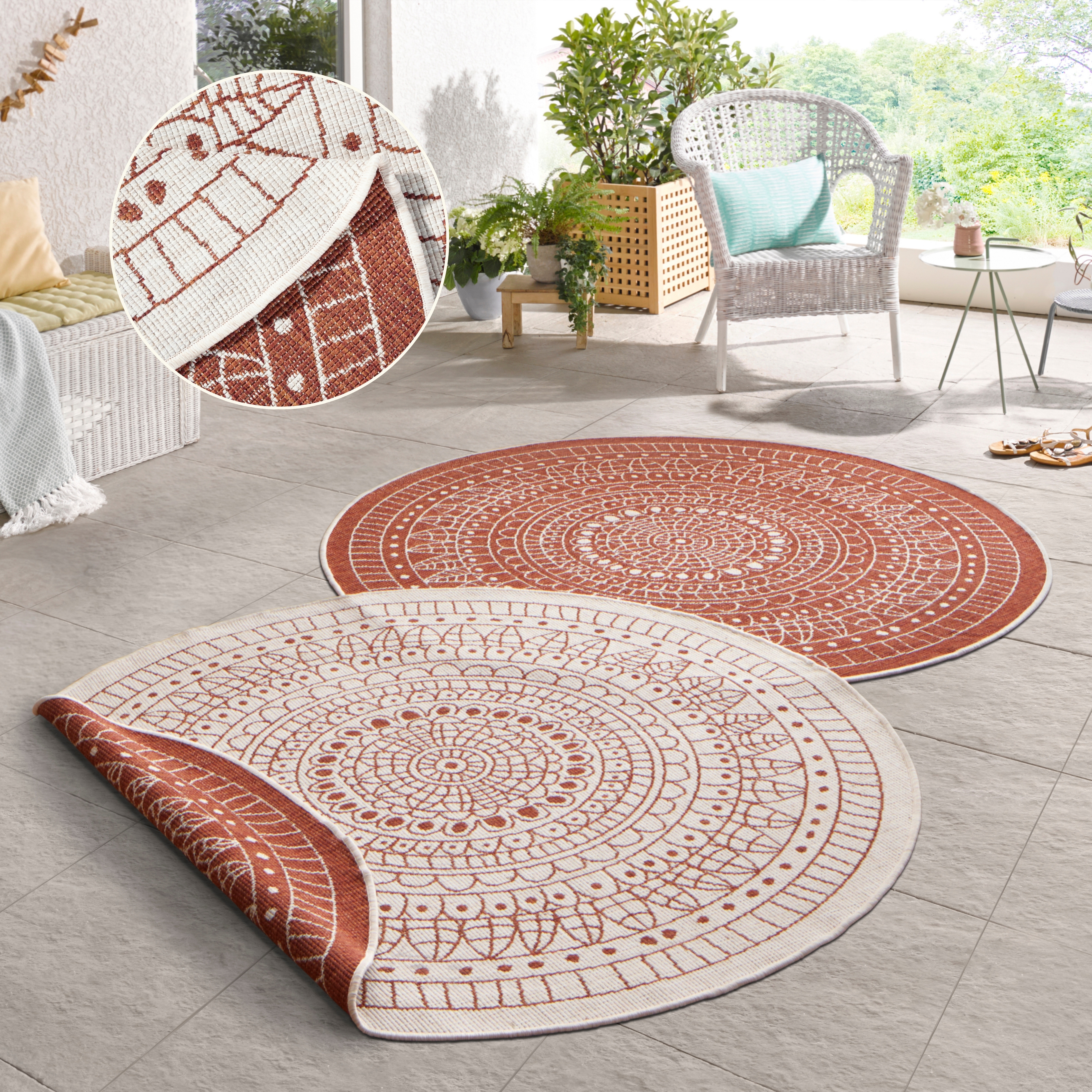 HANSE Home Teppich "Porto Wendeteppich" rund 5 mm Höhe In-& Outdoor, Wetterfest, Balkon, Garten, Wohnzimmer, Wasserfest