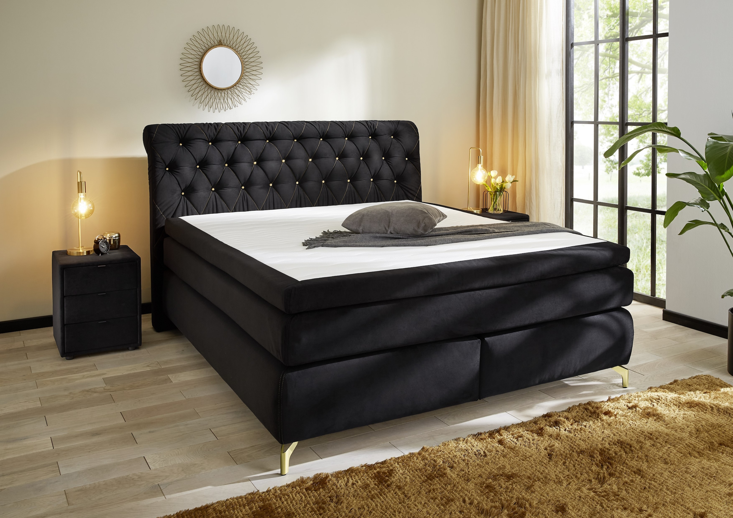 Jockenhöfer Gruppe Boxspringbett »Sancara, inklusive 7-Zonen-TTFK-Matratzen und 9 cm Kaltschaumtopper«, goldfarbige Designelemente, verschiedene Härtegrade wählbar