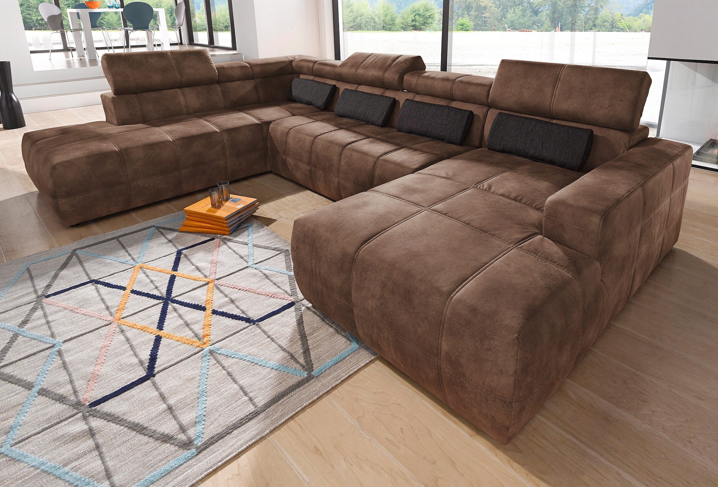 DOMO collection Wohnlandschaft »Brandon viele Bezugsarten, auch in Cord und Leder, incl. Nierenkissen«, mit Kopfteilverstellung, wahlweise Sitztiefenverstellung, U-Form