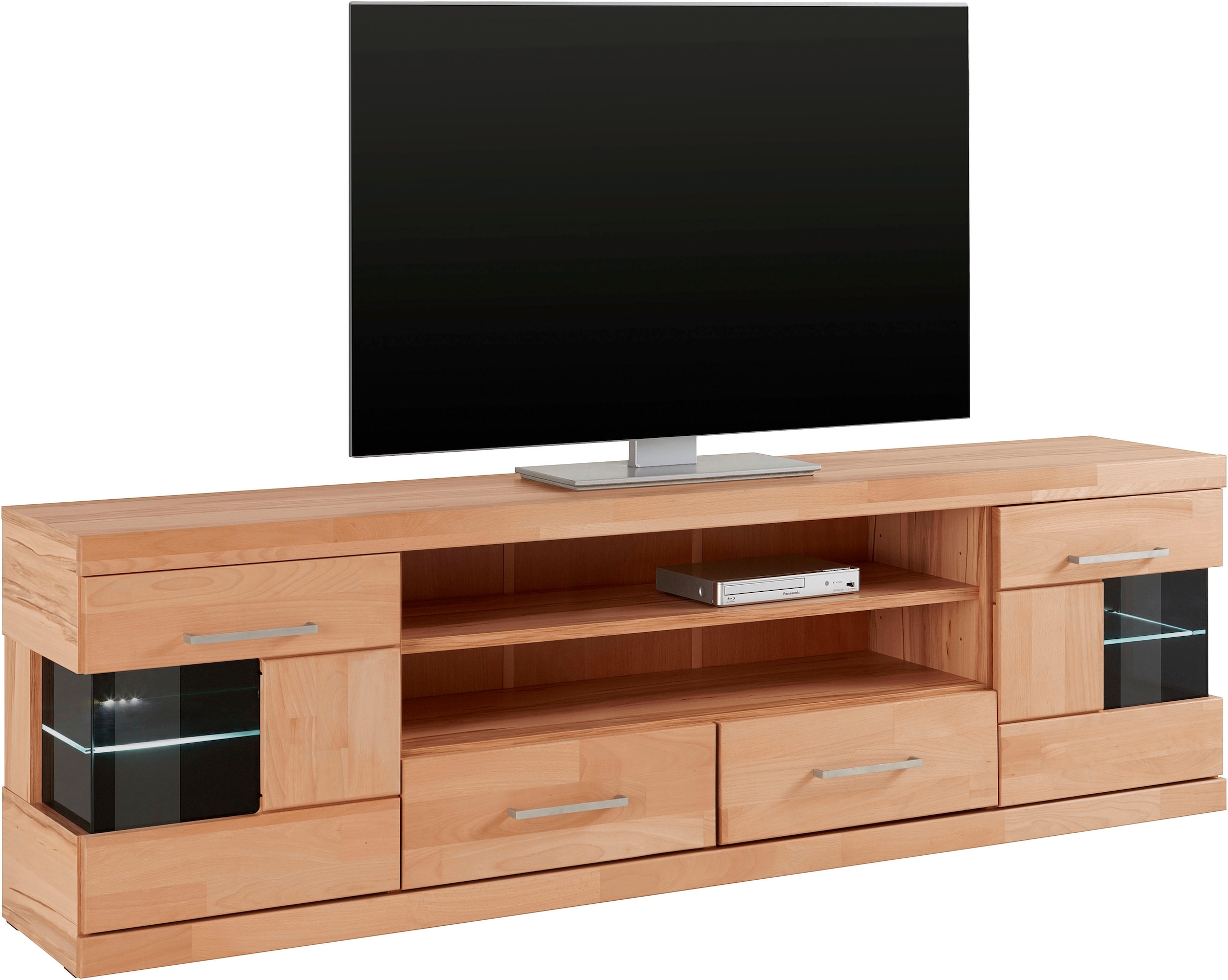 Home affaire Lowboard »Ribe,180cm breit, Fronten Massivholz,6 Fächer,Kabeldurchführung«, Korpus Holzwerkstoff,Glaseinsatz aus gehärtetem Glas,Böden versetzbar