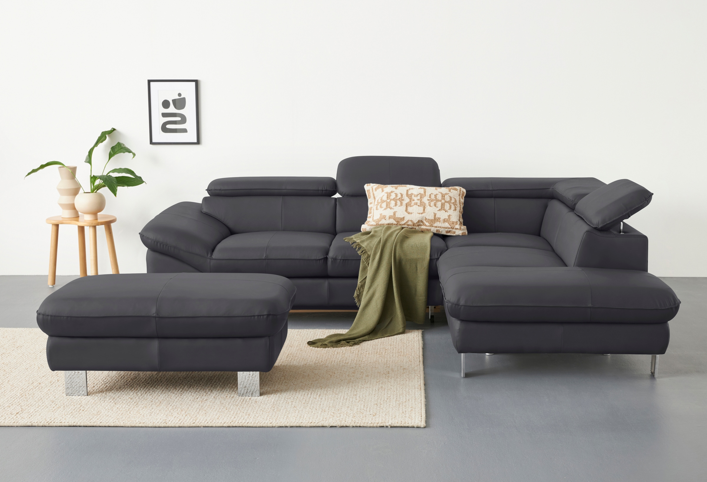 COTTA Ecksofa "Driver L-Form, B: 265 cm, moderne Couch mit Wellenunterfederung, Leder" inkl. 3x Kopfteilverstellung, optional mit Schlaffunktion + Stauraum