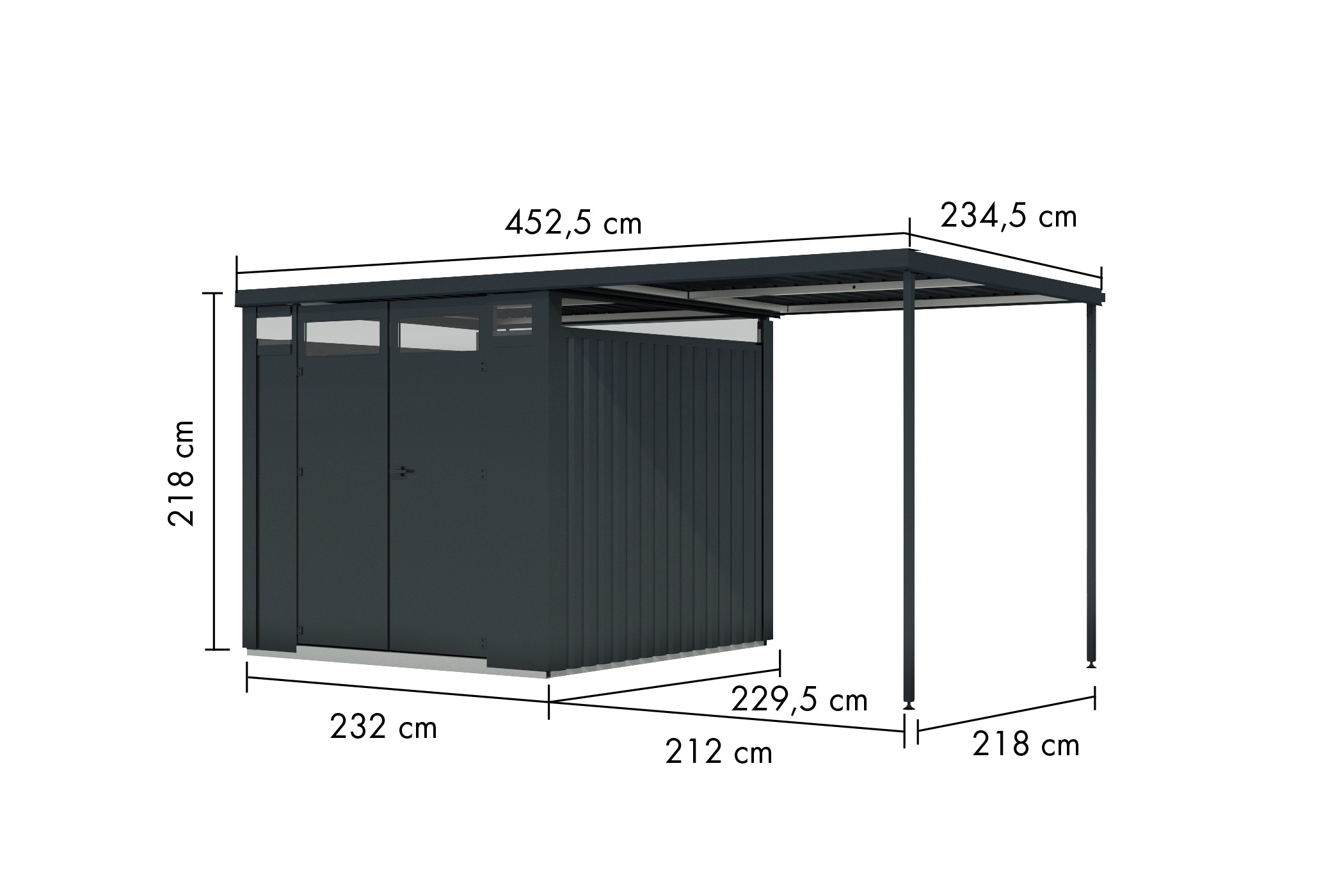 Karibu Gartenhaus »"Østen 2" SET mit Anbaudach 2,25 m«, pulverbeschichtetes Trapezblech, Rahmen aus verzinktem Vierkantrohr