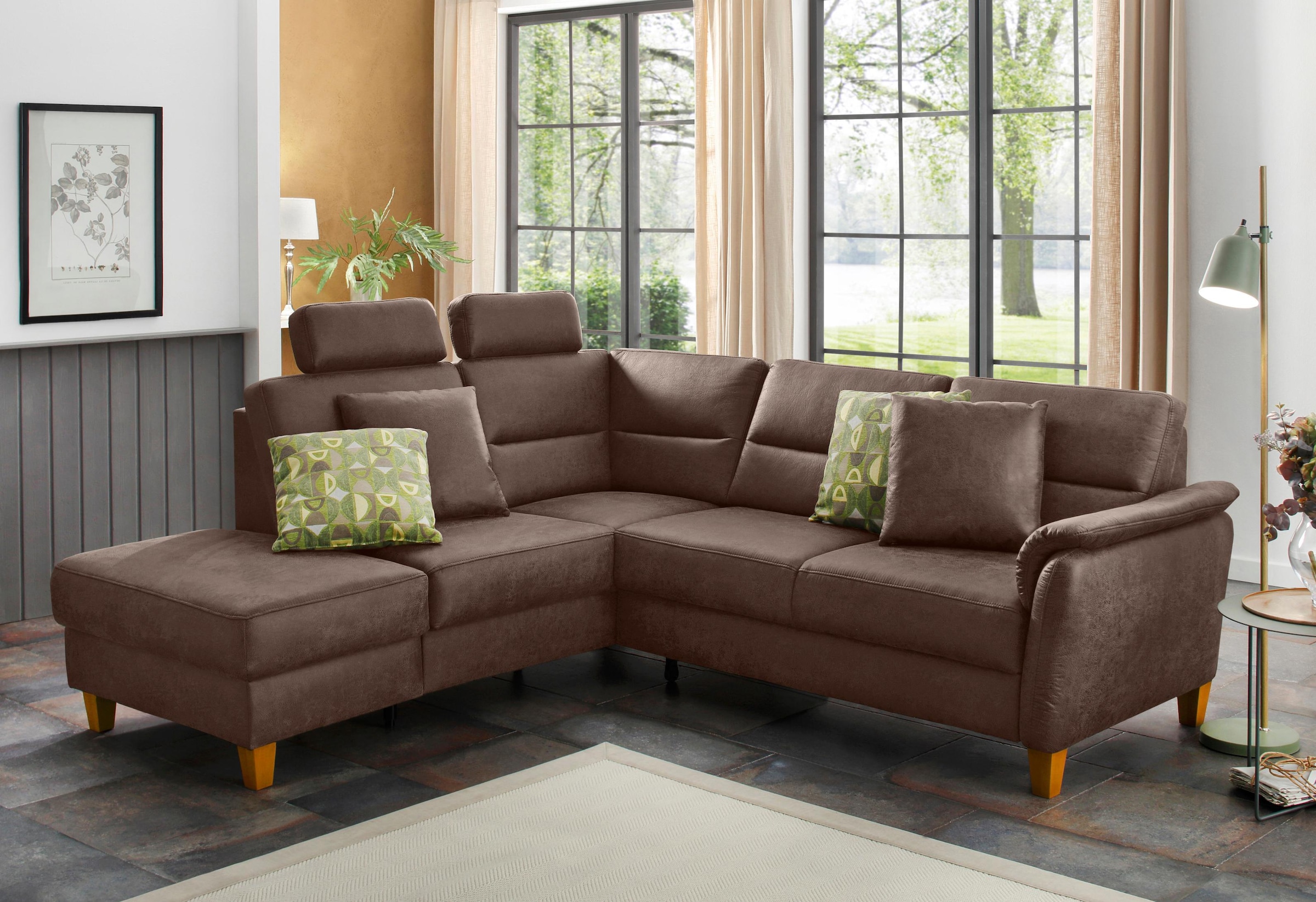 Home affaire Ecksofa »Palmera, L-Form, B: 236 cm, Bettfunktion & Bettkasten wählbar« Federkern-Polsterung, Sitzhöhe 48 cm, handgefertigt, stilvolles Design