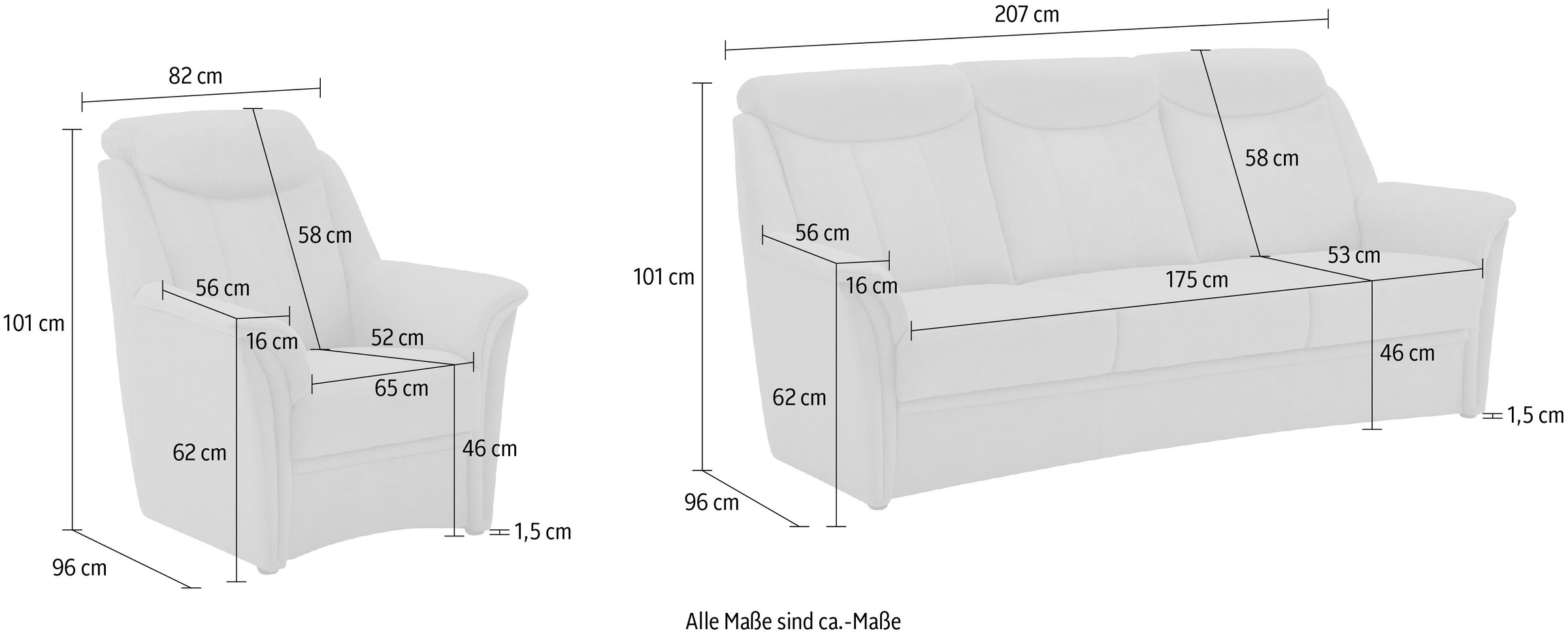 VILLA BECK Polstergarnitur »Lugano«, (Set, 3 tlg.), Kopfteilverstellung, in Sitzhöhe 46 cm, 3-Sitzer und 2x Sessel