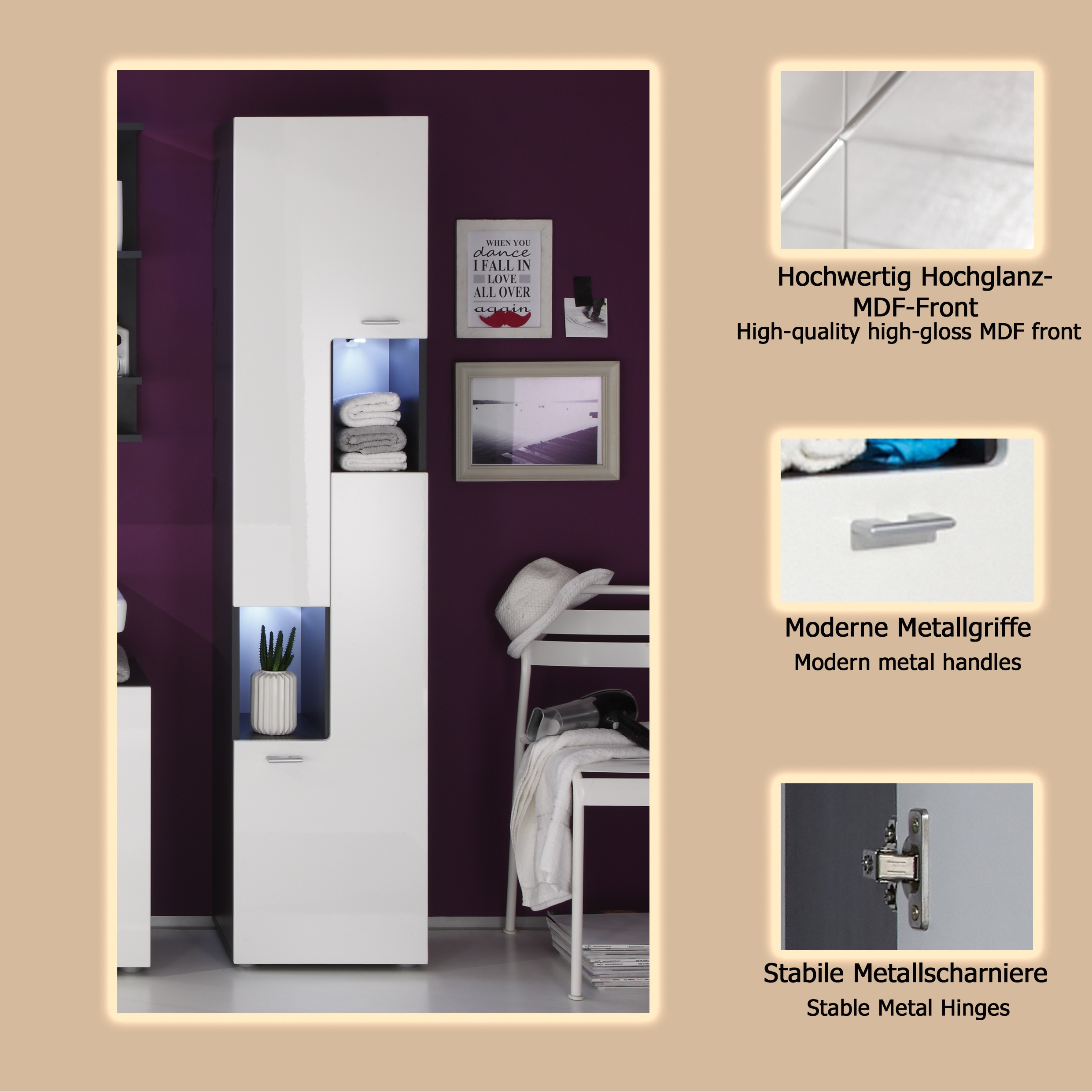 Thumbnail - welltime Hochschrank "Tias" Hochschrank mit 4 Einlegeböden - (B/T/H) 40/30/182 cm