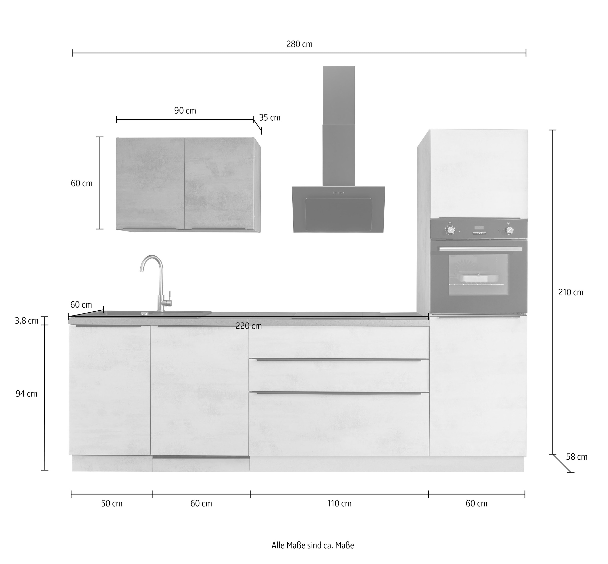 BASIC by Balculina Küchenzeile »Sanibel, Küche BxTxH 280x60x210 cm«, Breite 280cm, mit E-Geräten, Softclose für Türen und Schubkästen
