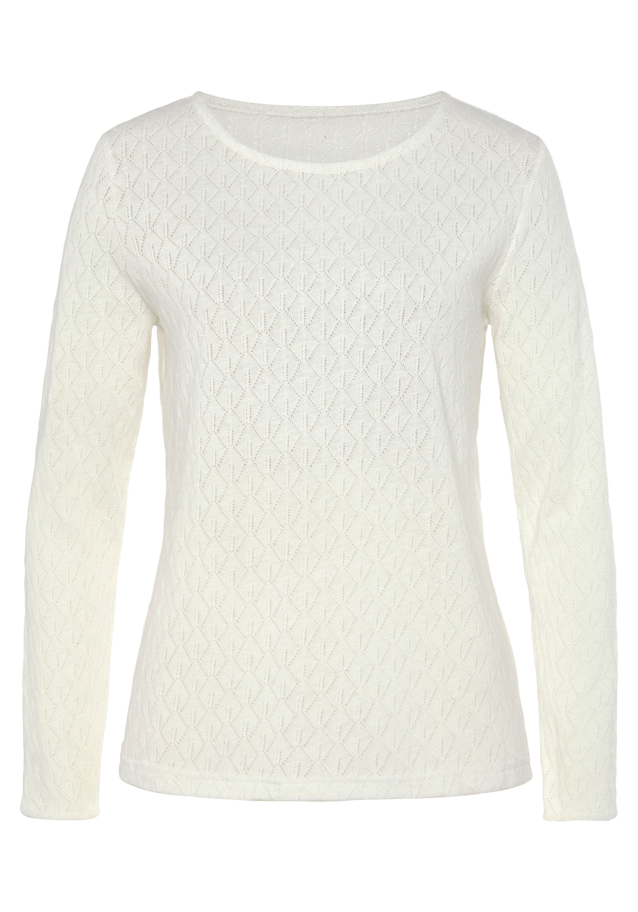 Langarmshirt VIVANCE "mit modischem Ajour-Muster", Damen, Gr. 40/42, beige (creme, schwarz), Stoff, Obermaterial: 60% Baumwolle, 40% Polyester, Basic schmal normal, Rundhals, abgesteppt, Shirts Langarmshirt, aus weichem Baumwollstrick 3