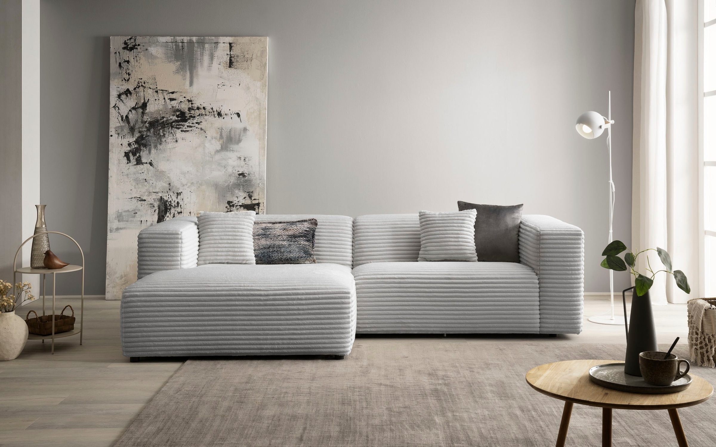 andas Ecksofa »BAKELS, L-Form in Cord oder Boucle-Stoff, moderne Couch«, wahlweise Recamiere rechts/links, bequemer Sitzkomfort
