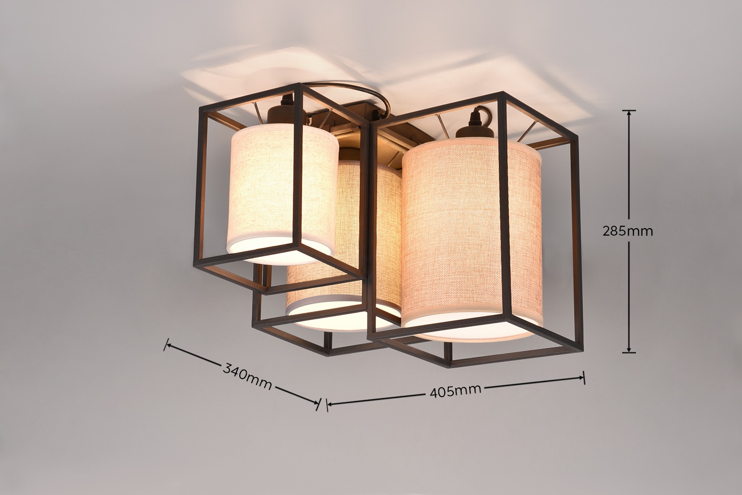 TRIO Leuchten Deckenleuchte »ROSS, 3-flammige Deckenlampe mit Stoffschirmen in 3 Farben 40x28x34 cm«, 3 flammig, Leuchtmittel E27 | Leuchtmittel wechselbar, Deckenlampe exkl 3xE27 max 25W Metall schwarz Schirme beige grau braun