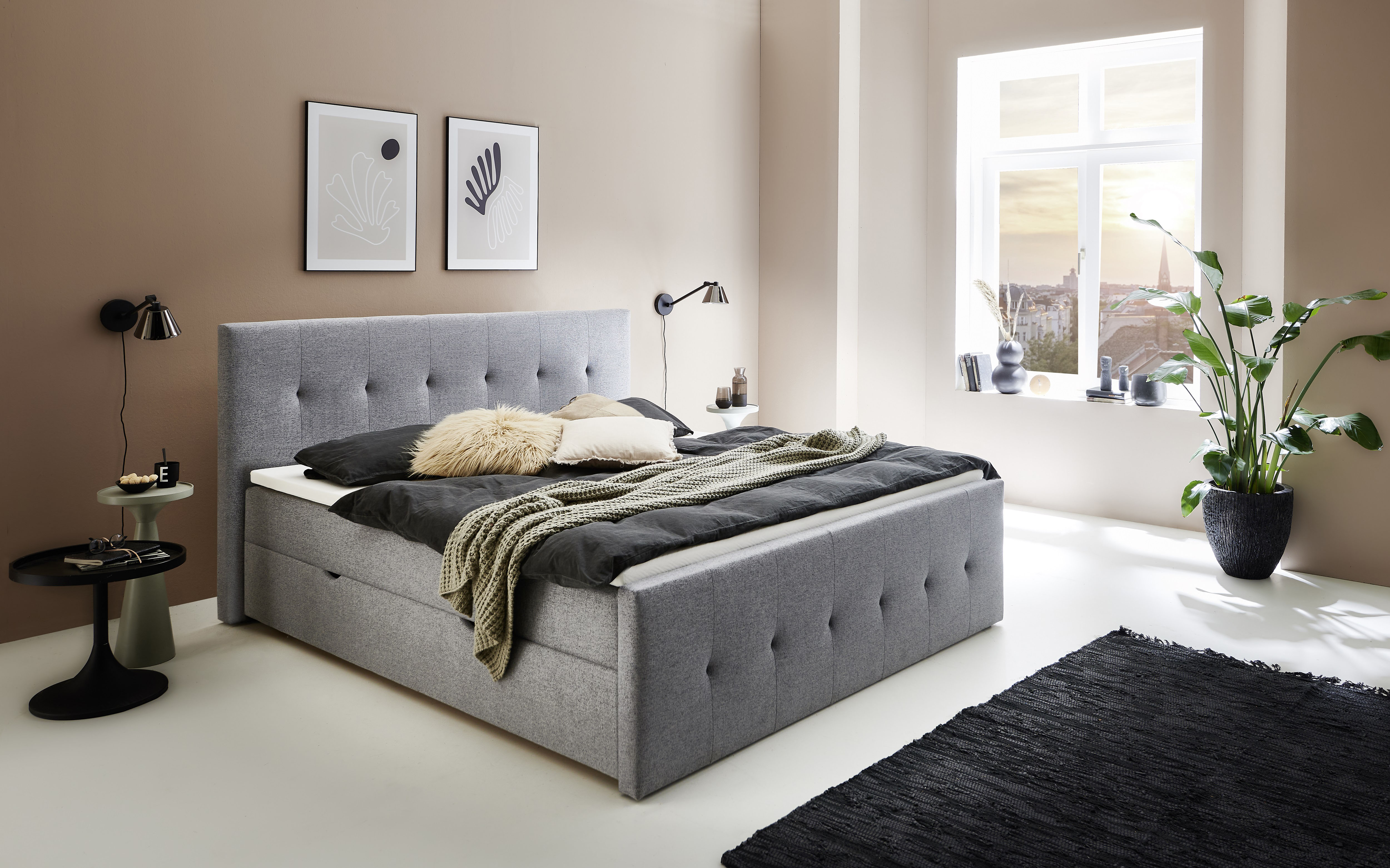 Home affaire Boxbett "TESSAJA, Polsterbett mit Bettkasten, inkl. Taschenfederkernmatratze H3" mit Anti-Slip-Topper, Strukturstoff-Bezug, Liegefläche 180x200 cm