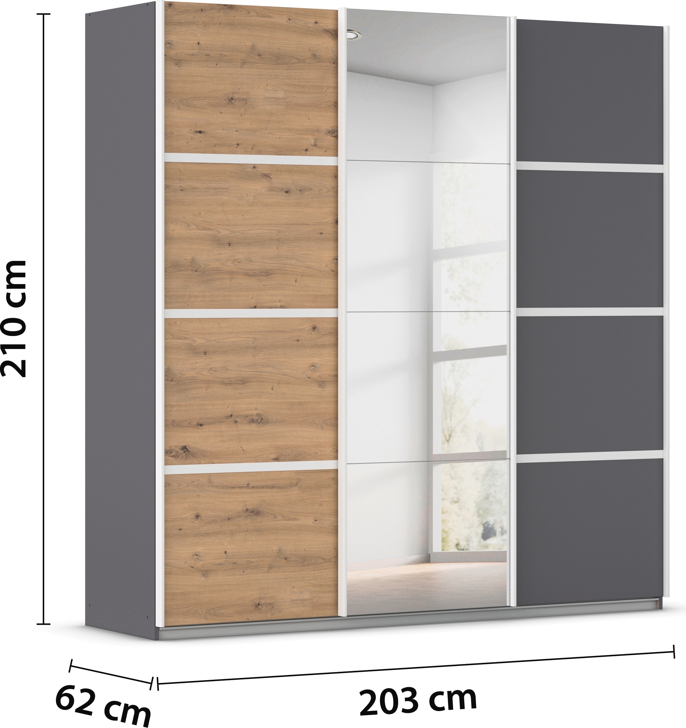 rauch Kleiderschrank »Schwebetürenschrank Garderobe Schrank TOP ANGEBOT Avola«, (in 3 verschiedenen Ausstattungen BASIC/CLASSIC/PREMIUM inkl. Spiegel), mit eleganten Zierleisten in Chrom, Schwarz oder Weiß MADE IN GERMANY
