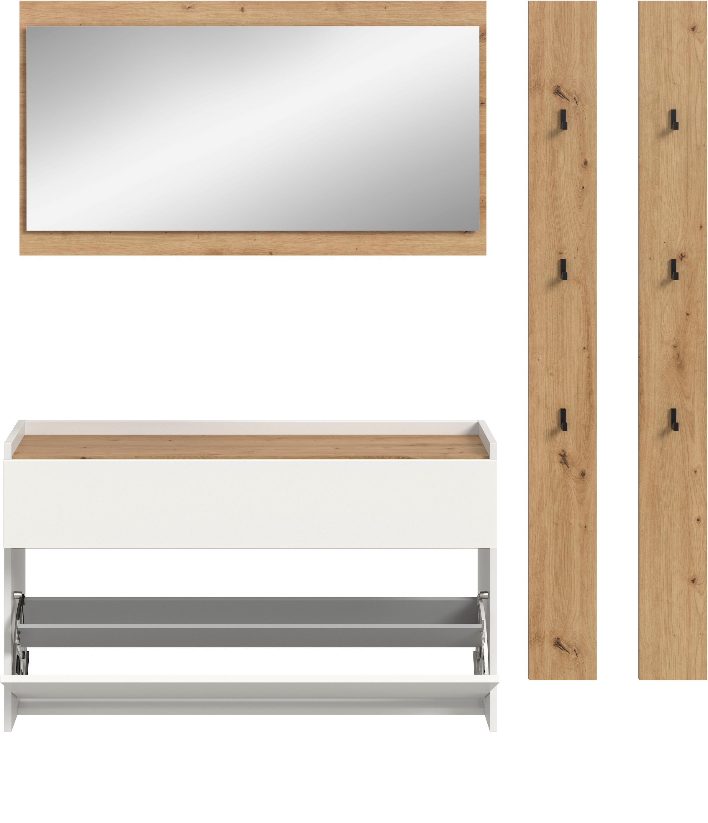INOSIGN Garderoben-Set »EVRID, 4-teilig, Breite 172 cm, individuell hängbar & erweiterbar« best. aus: Kommode, Spiegel & 2x Hakenleiste, 4 Stk. tlg. Garderobenkombination, Garderobe, Wandgarderobe, Flur, Diele