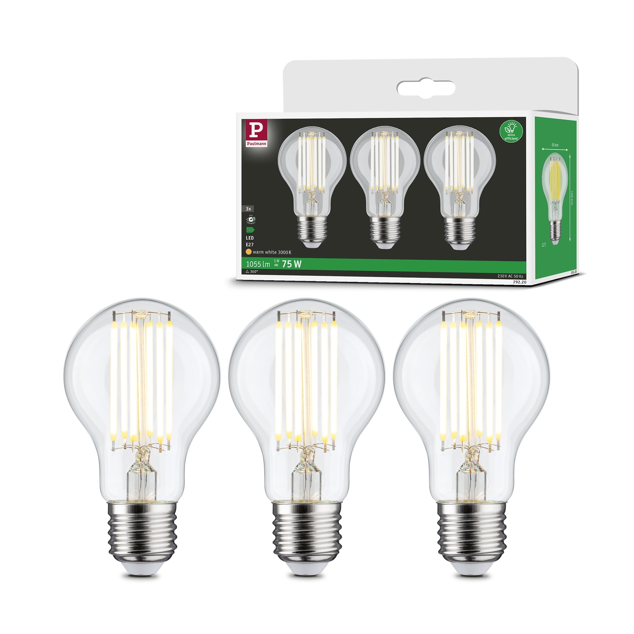 LED-Leuchtmittel »Eco-Line Filament 230V LED Birne E27 3er-Pack 1055lm 5W 3000K Klar«,...