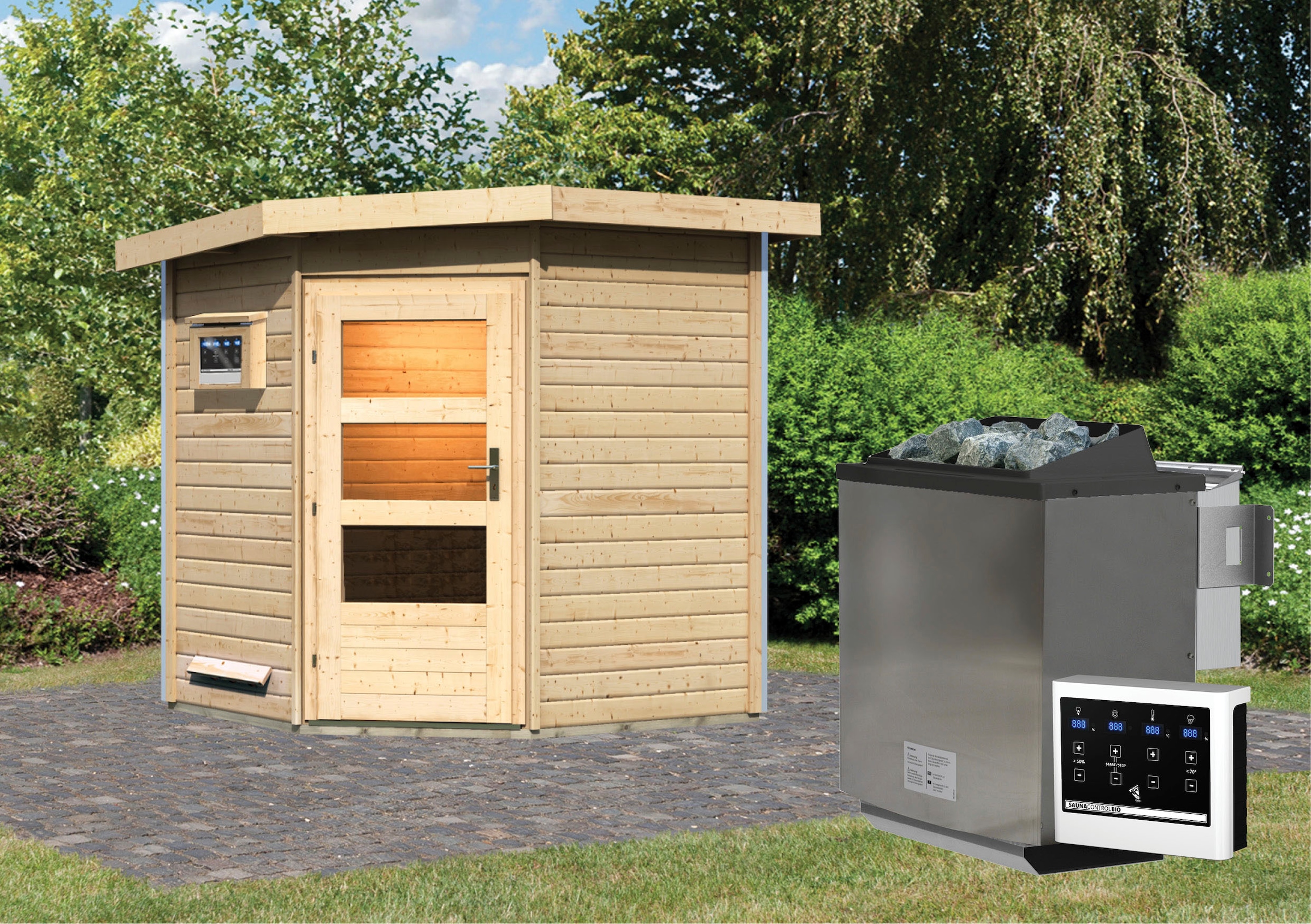 Karibu Saunahaus »Fiete«, moderne Tür, Ofen 9 kW Bio externe Strg easy