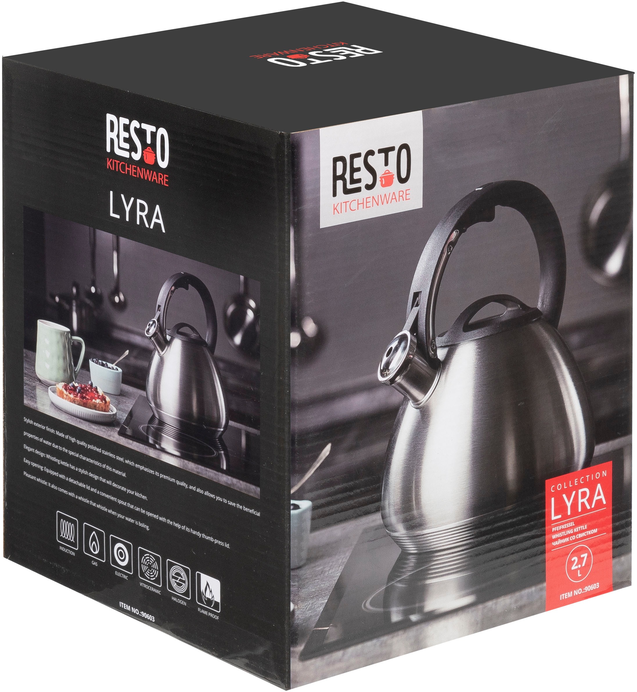 RESTO Kitchenware Wasserkessel »Lyra, Flötenkessel 2,7 l mit wärmespeicherndem Boden im Geschenkkarton«, Edelstahl, (1 tlg.), mit ergonomischem, wärmeableitenden Bakelit-Griff