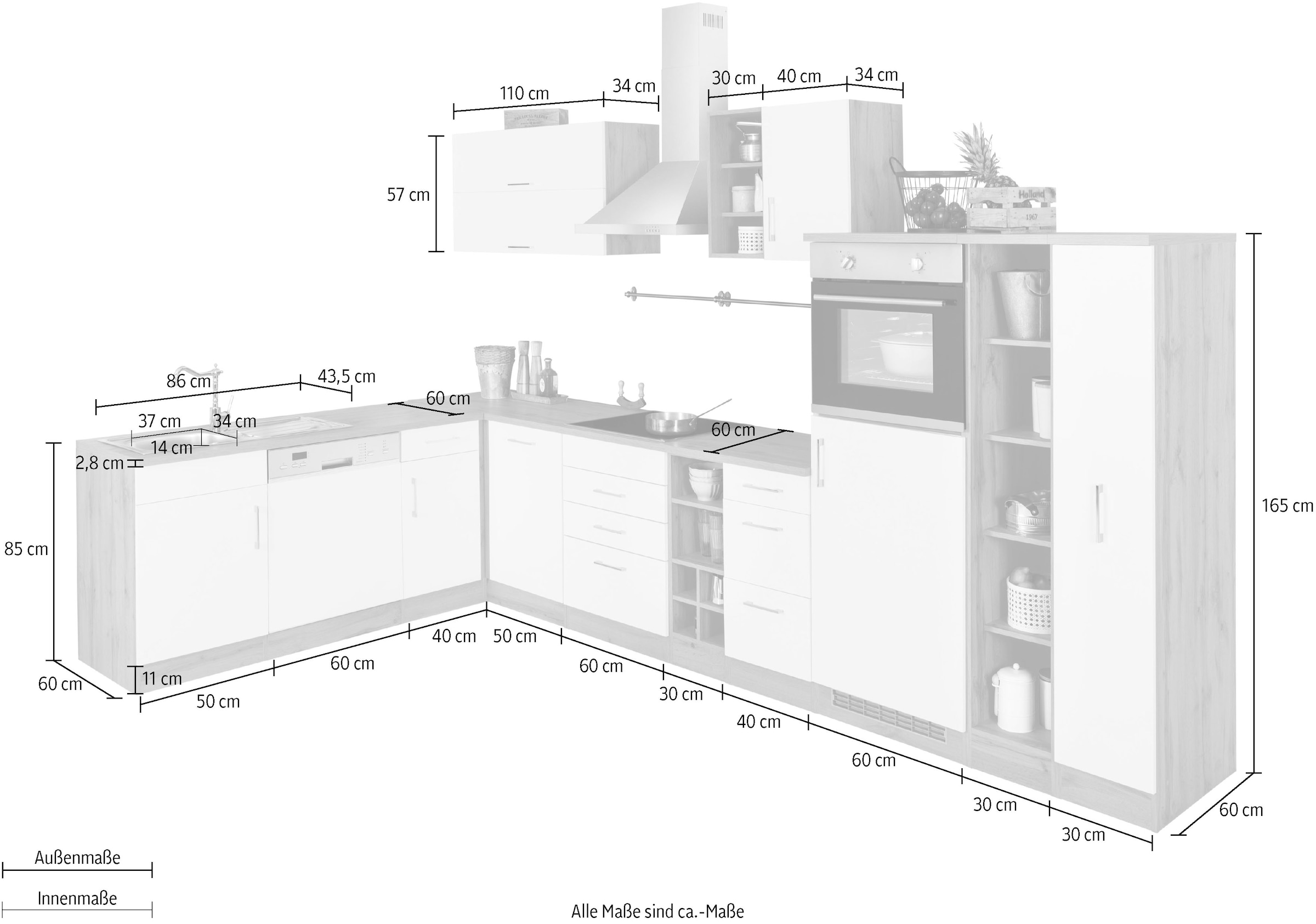 HELD MÖBEL Winkelküche »Colmar«, mit E-Geräten, Stellbreite 210/360 cm