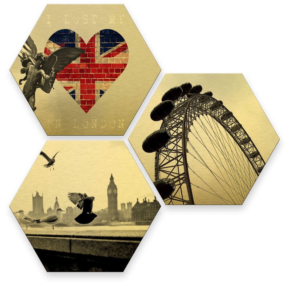 Mehrteilige Bilder »Goldeffekt London Collage«, (Set, 3 St.), Metallschild Collage