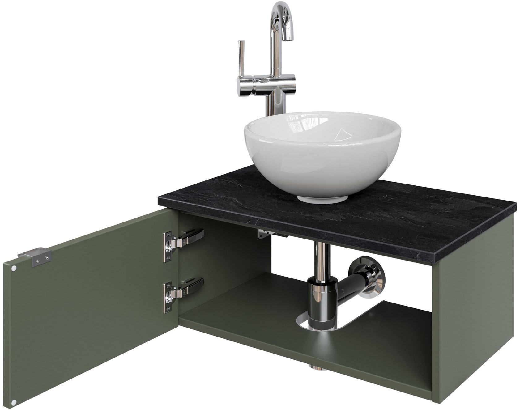 Saphir Waschtisch »Serie 6915 Waschschale mit Unterschrank für Gästebad, Gäste WC« Keramik-Aufsatzbecken, Waschtischplatte, Waschtischunterschrank, 3 Stk. tlg. 61 cm mit Keramik-Aufsatzbecken, 1 Tür und 1 Fach