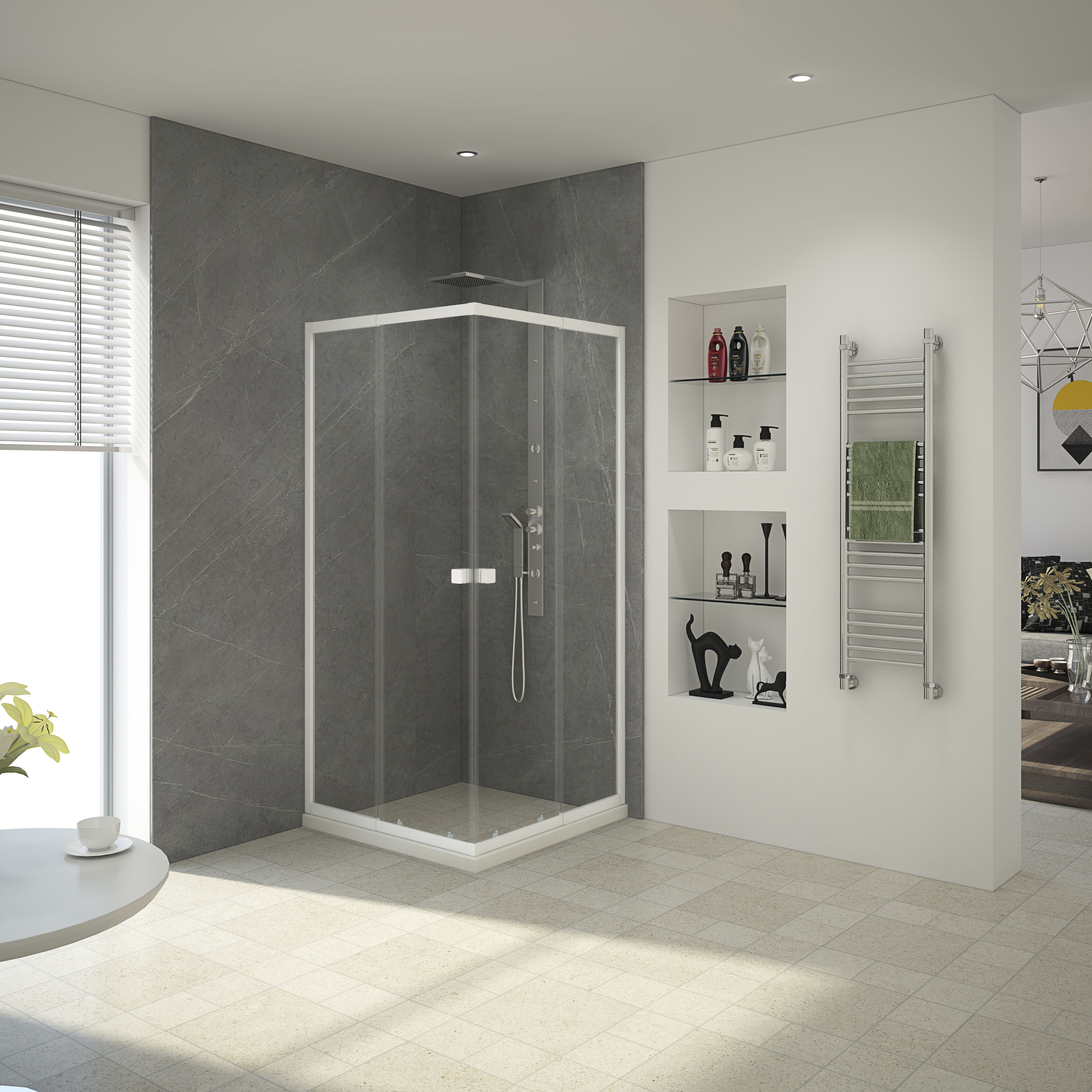 Marwell Eckdusche "Glasdusche Flexi 90x90x190 cm" mit hochwertigen Aluminiumprofilen in silber-matt oder weiß, 4 Stk. tlg. Variable Breite 77 cm bis 90 cm, Duschkabine mit Eckeinstieg