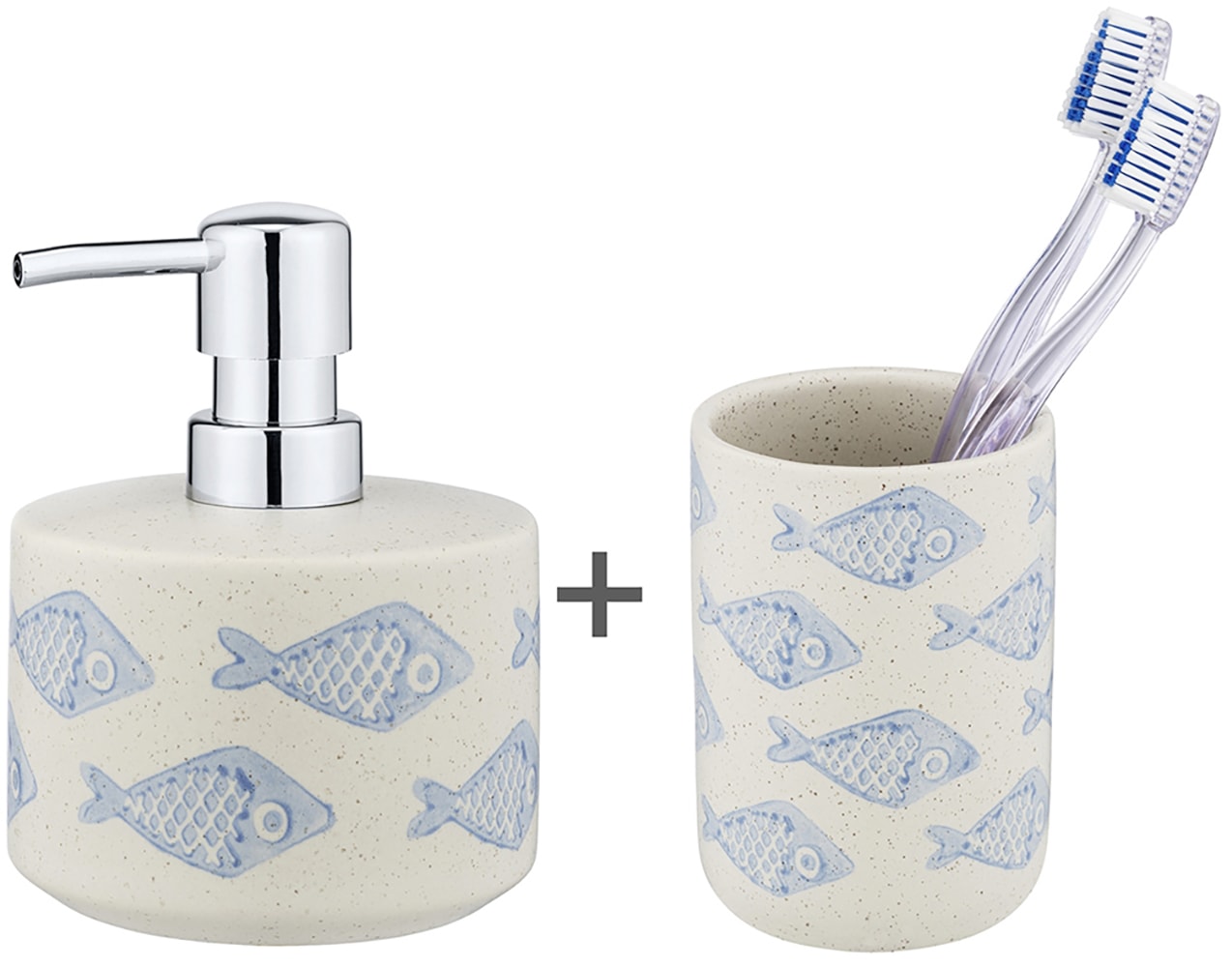 WENKO Badaccessoire-Set »Modell Aquamarin Beige«, (2 tlg.), Seifenspender und Zahnputzbecher, Keramik, maritimes Motiv, handbemalt