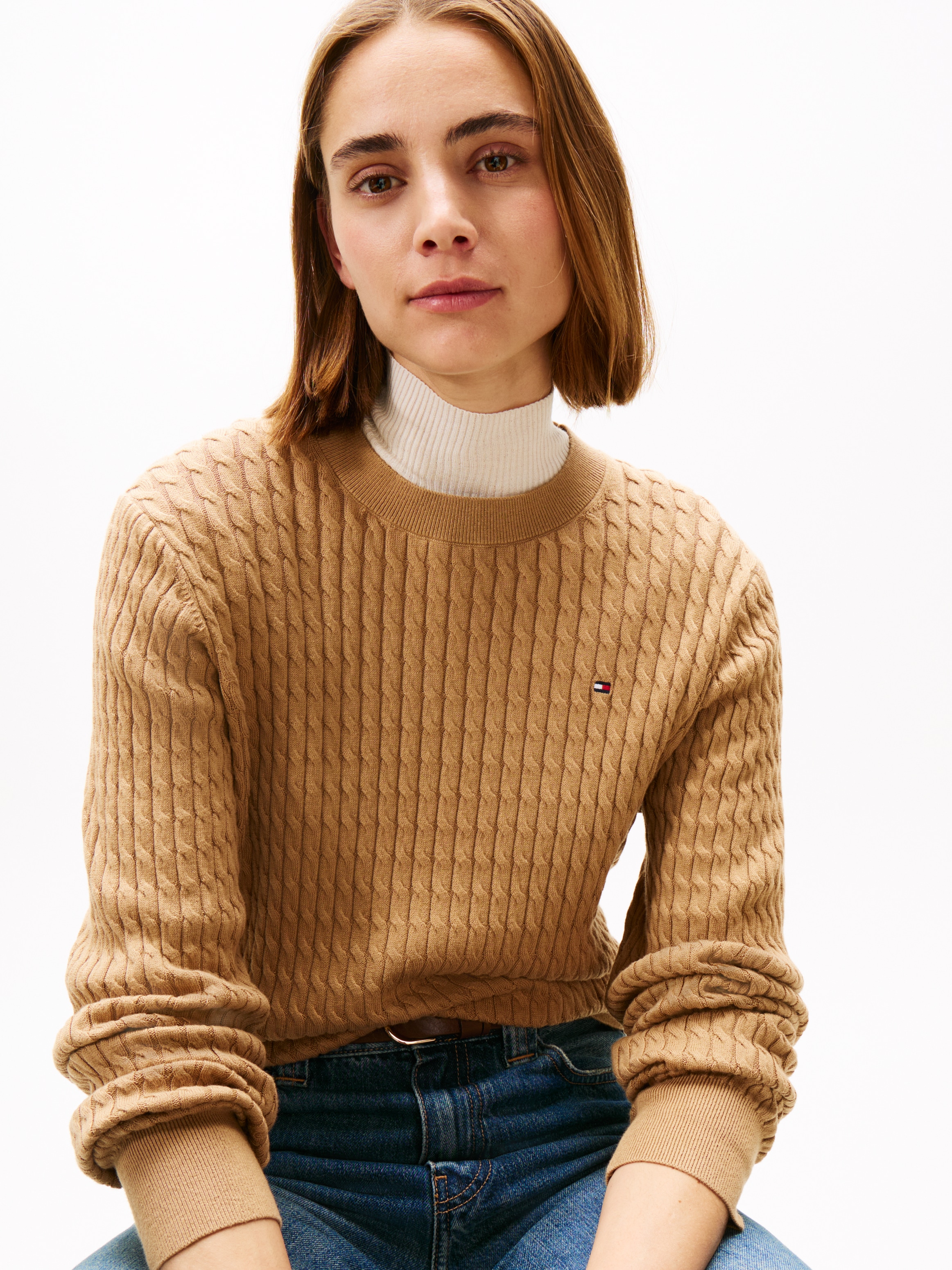 Tommy Hilfiger Rundhalspullover »CO CABLE C-NK LS SWEATER«, mit Zopfmuster