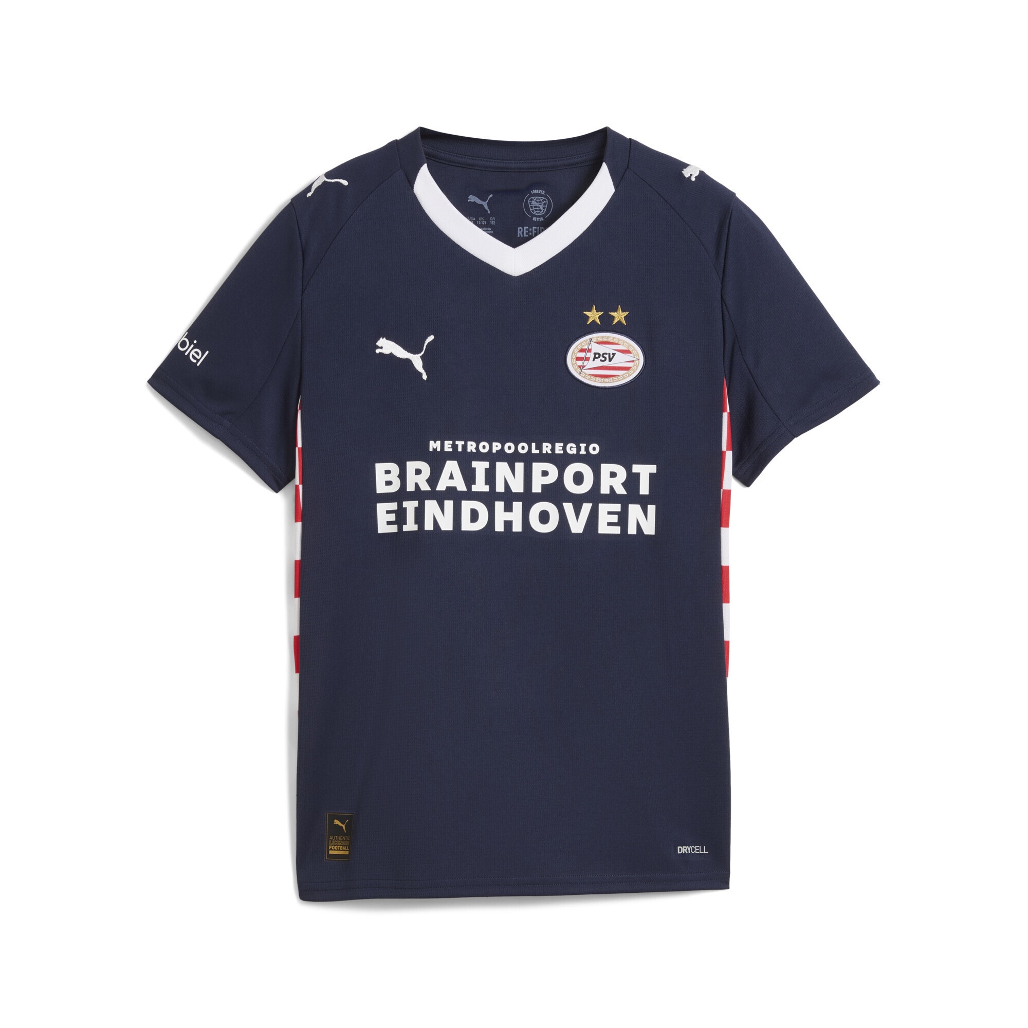 Trainingsshirt PUMA "PSV Eindhoven 25/26 Auswärtstrikot Jugendliche", Mädchen, Gr. 152, weiß (navy weiß blau), Obermaterial: 100% Polyester; Rippe: 100% Polyester, bedruckt, regular fit, V-Ausschnitt, Shirts