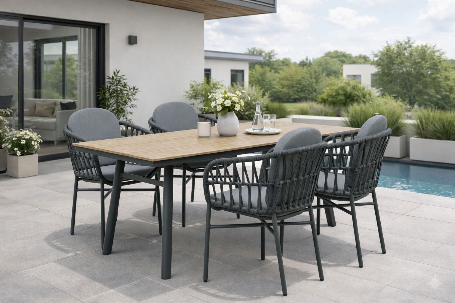 Destiny Garten-Essgruppe "COMO SAN MARINO 4 Se + Tisch RE 180x90cm holzfarben/ grau/ anthr." Set, Aluminium, Rope, Polywood