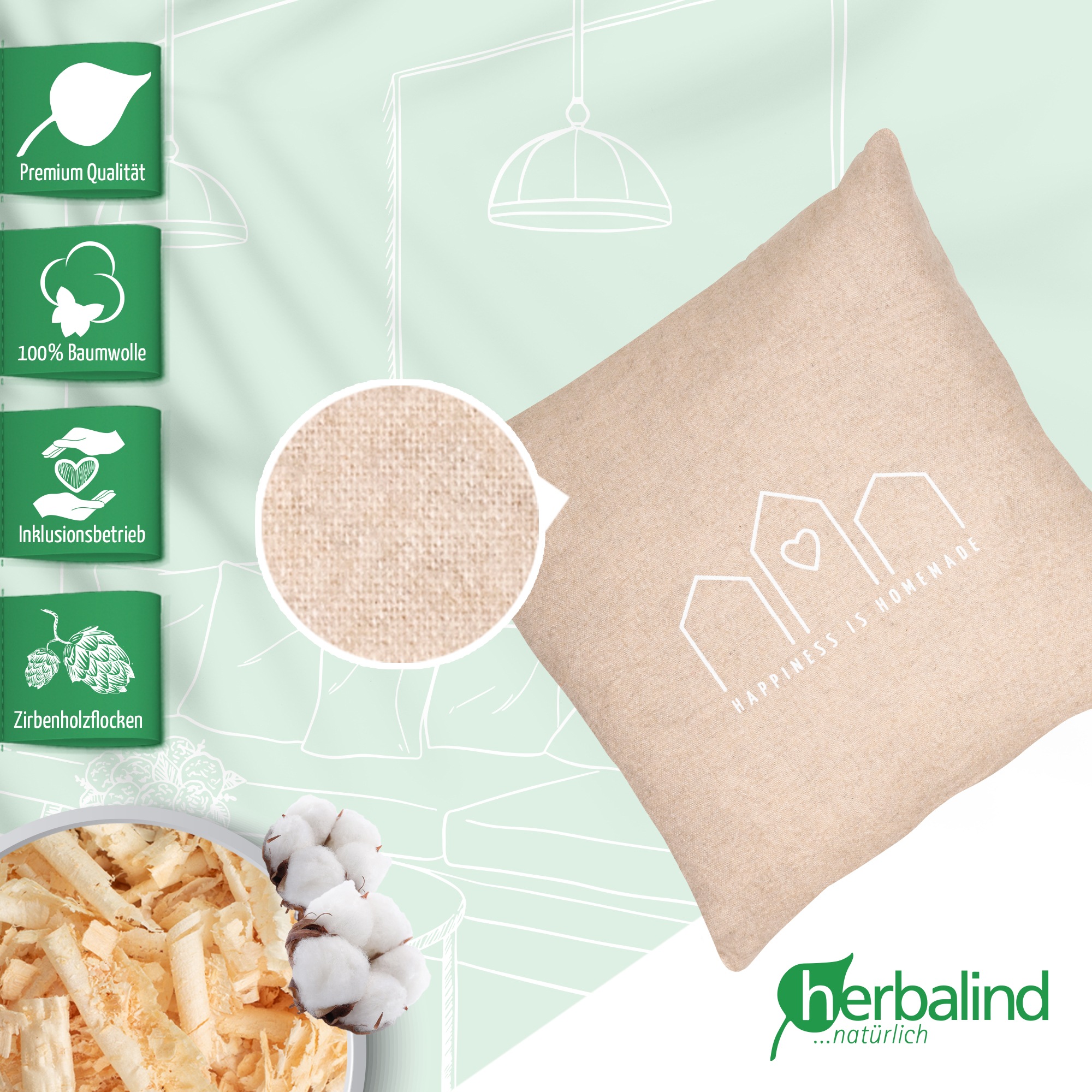 herbalind Zirbenkissen "Happiness is Homemade - Flanell in beige 30x30 mit günstig online kaufen