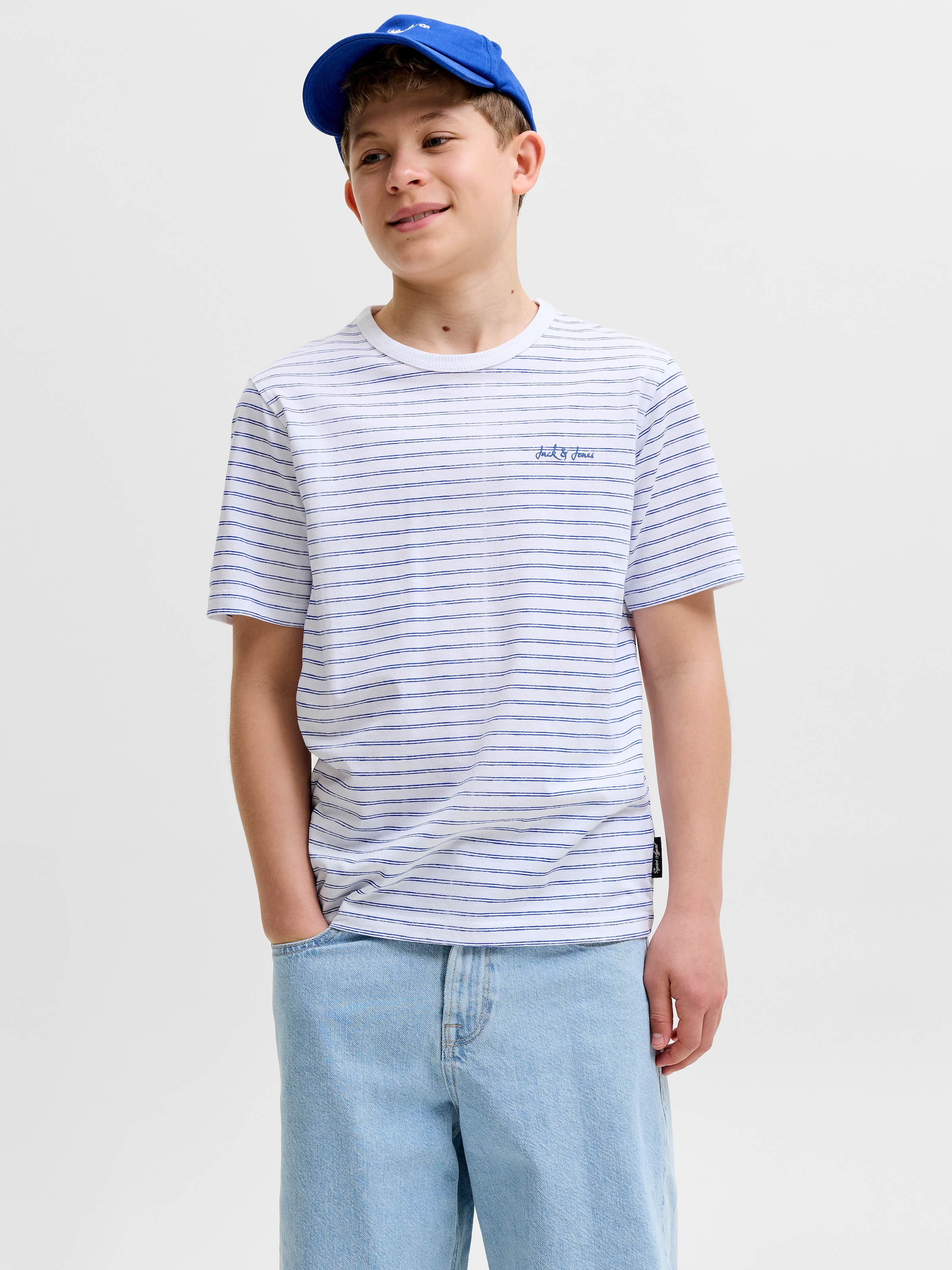 Jack & Jones Junior T-Shirt »JJDEVIN DAYTONA STRIPED TEE SS CN JNR« mit dezenter Logostickerei