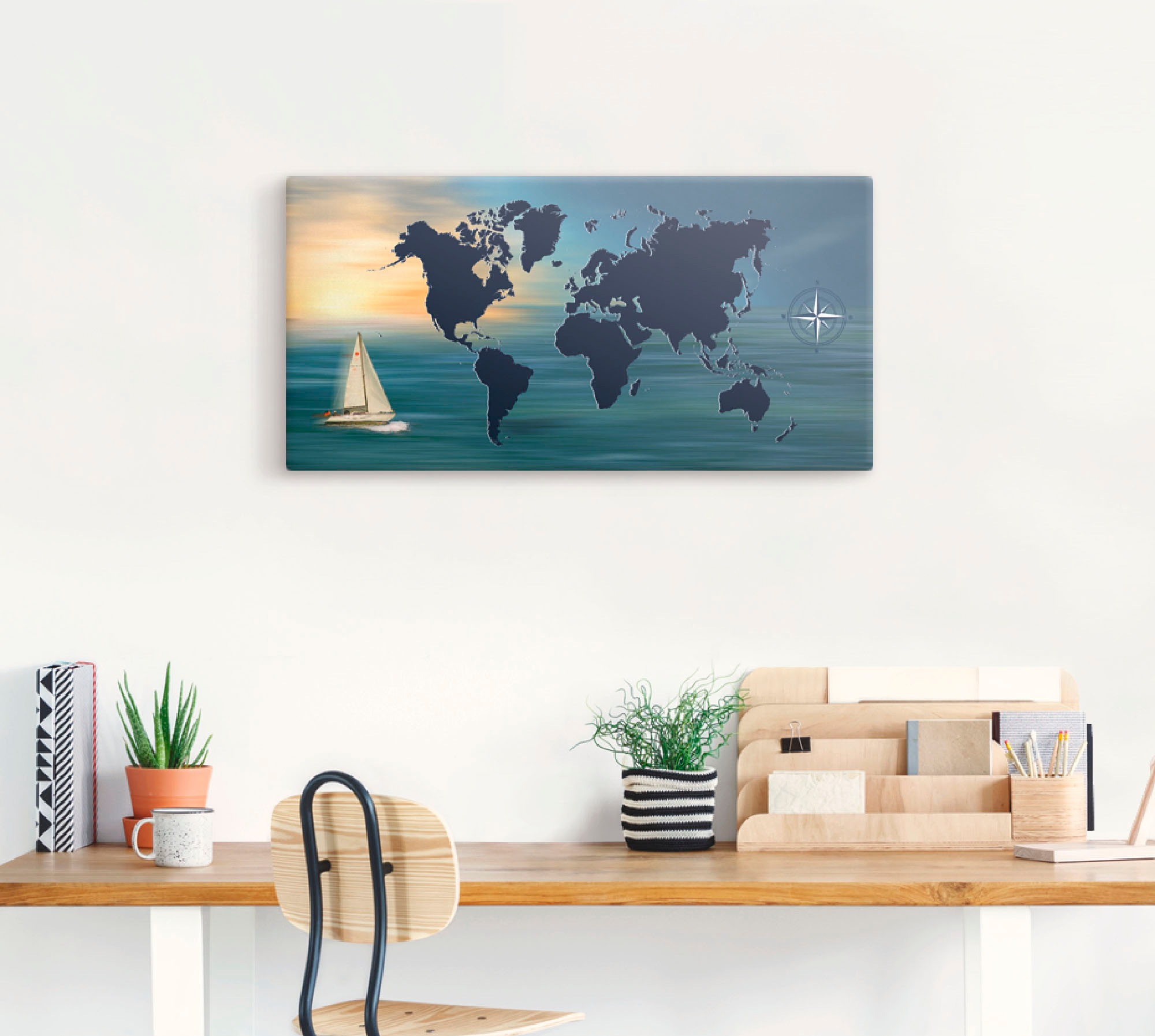 Artland Leinwandbild "Weltumsegelung mit Weltkarte" 1 Stk. tlg. auf Holzrah günstig online kaufen