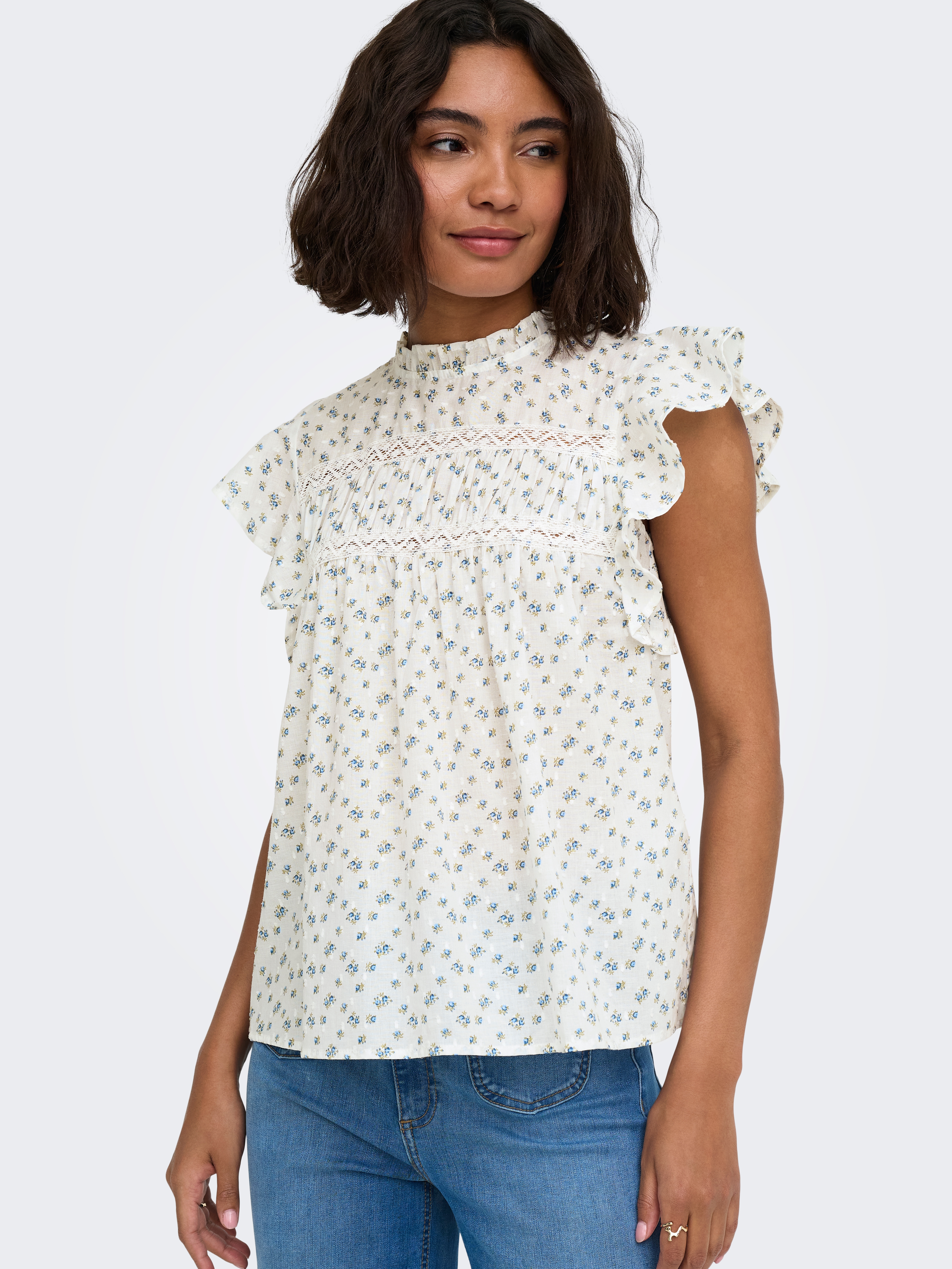 ONLY Rüschentop "ONLKATTI S/S DOBBY TOP WVN NOOS" Baumwolle, regular fit