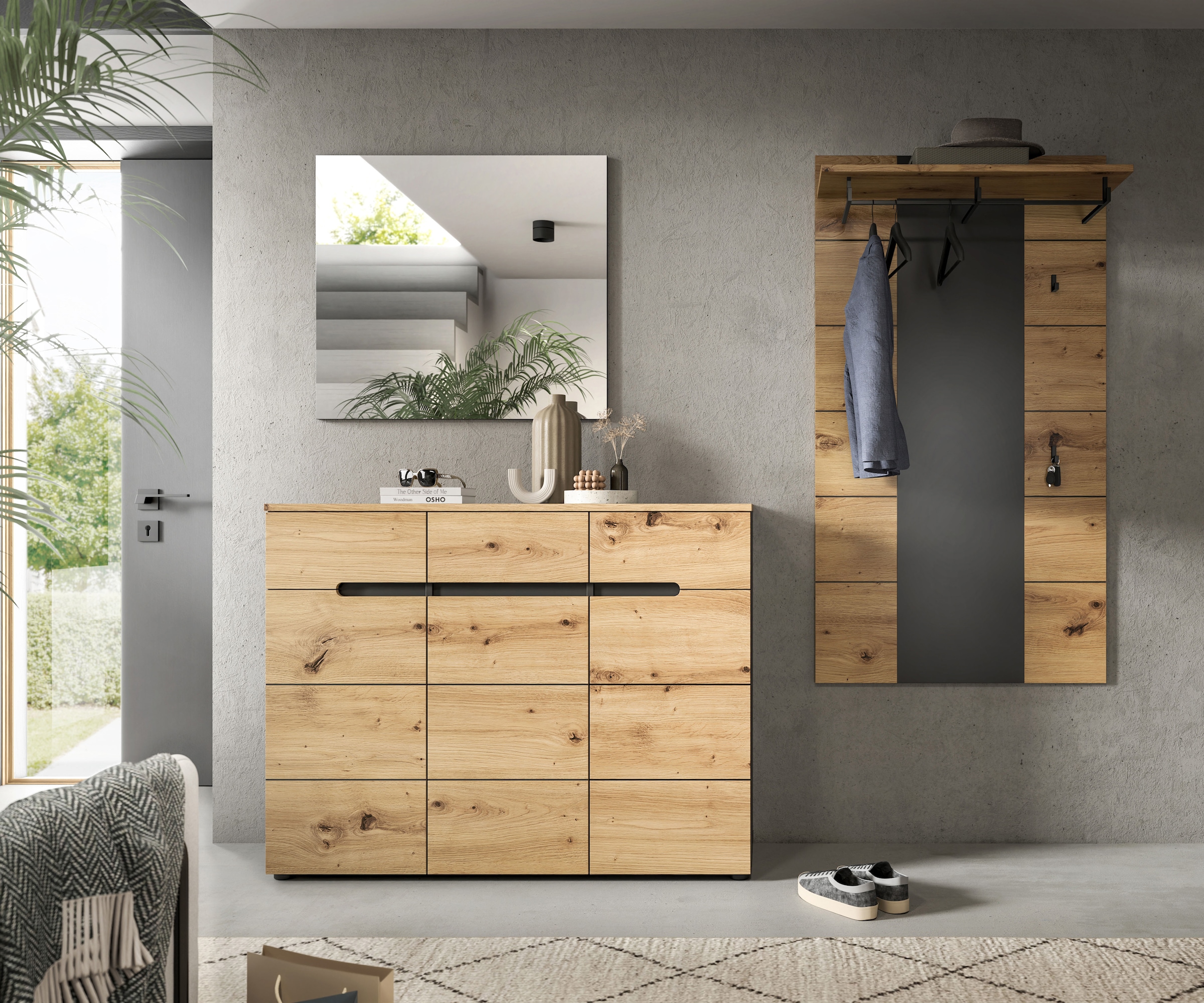 INOSIGN Garderoben-Set, (Set, 3 St., bestehend aus: Kommode, Spiegel und Garderobenpaneel), Garderobenkombination, Kombination, Set, Flurgarderobe, Diele