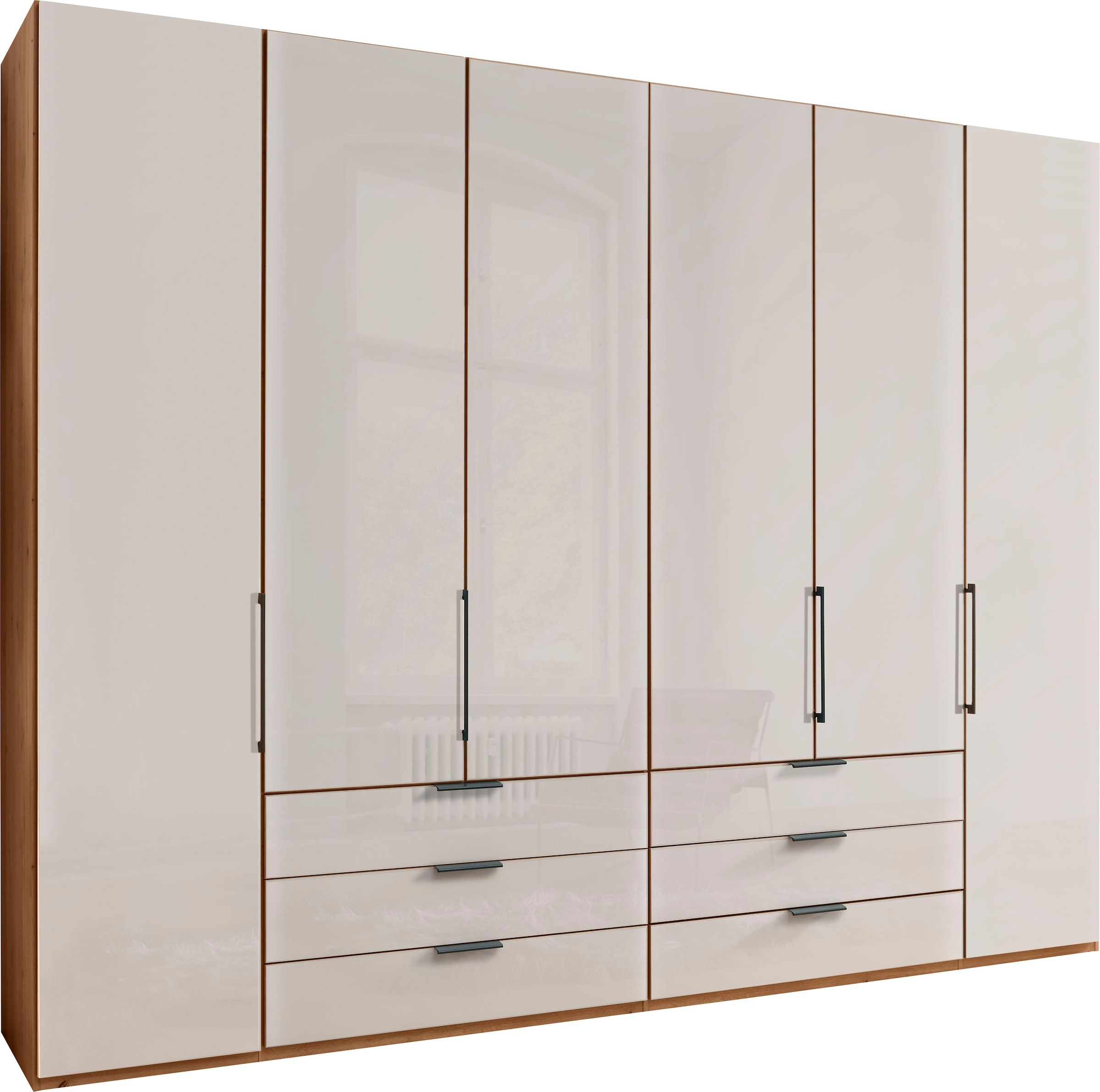 WIEMANN Falttürenschrank "Monaco, Kleiderschrank, Schrank, Wäscheschrank, mit edler Glasfront" 2 Breiten, 2 Höhen 216/236 cm auswählbar, MADE IN GERMANY, inkl. gepämpften Schubkästen und Türen, mit Panoramaöffnung