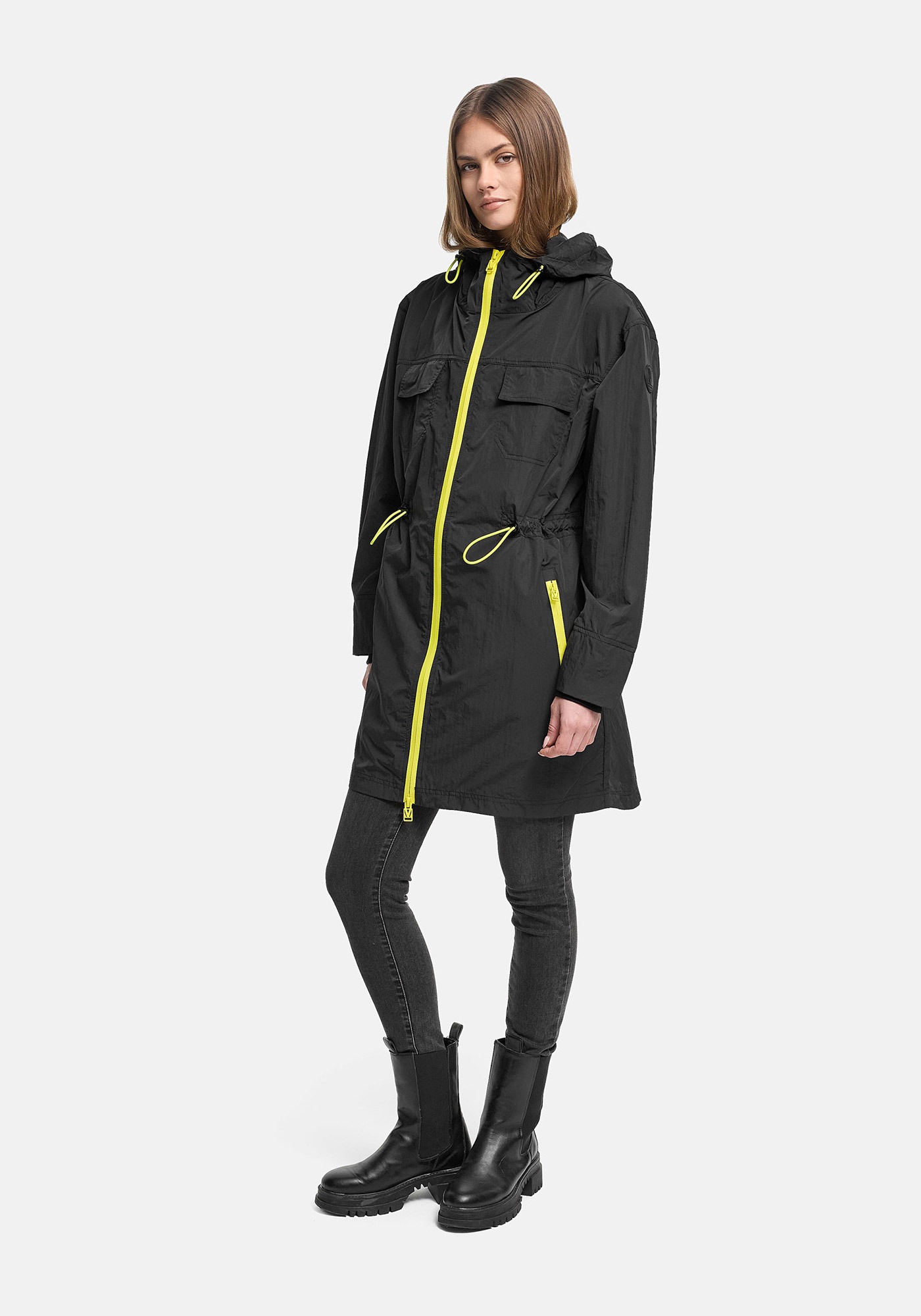 Marikoo Outdoorjacke "Trüffelbonbon" Langer Windbreaker mit Kordelzug und Kontrastreißverschluss