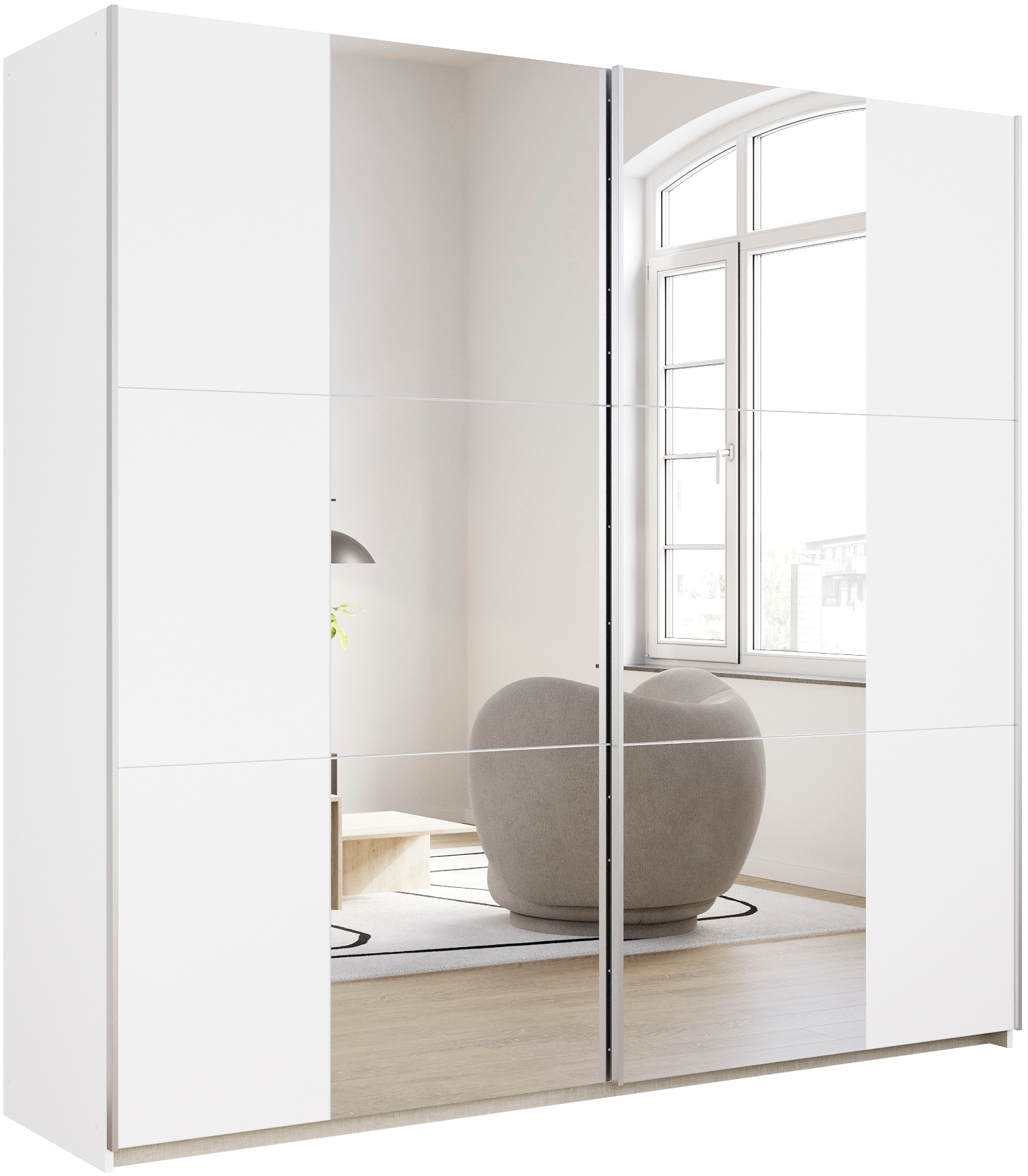 rauch Schwebetürenschrank "Kleiderschrank Drehtürenschrank Schrank Garderobe KRONACH" in 3 Ausstattungen BASIC/CLASSIC/PREMIUM, Breiten 131/175/218/261 cm, optional ohne, mit 1 oder 2 Spiegel, viel Stauraum MADE IN GERMANY