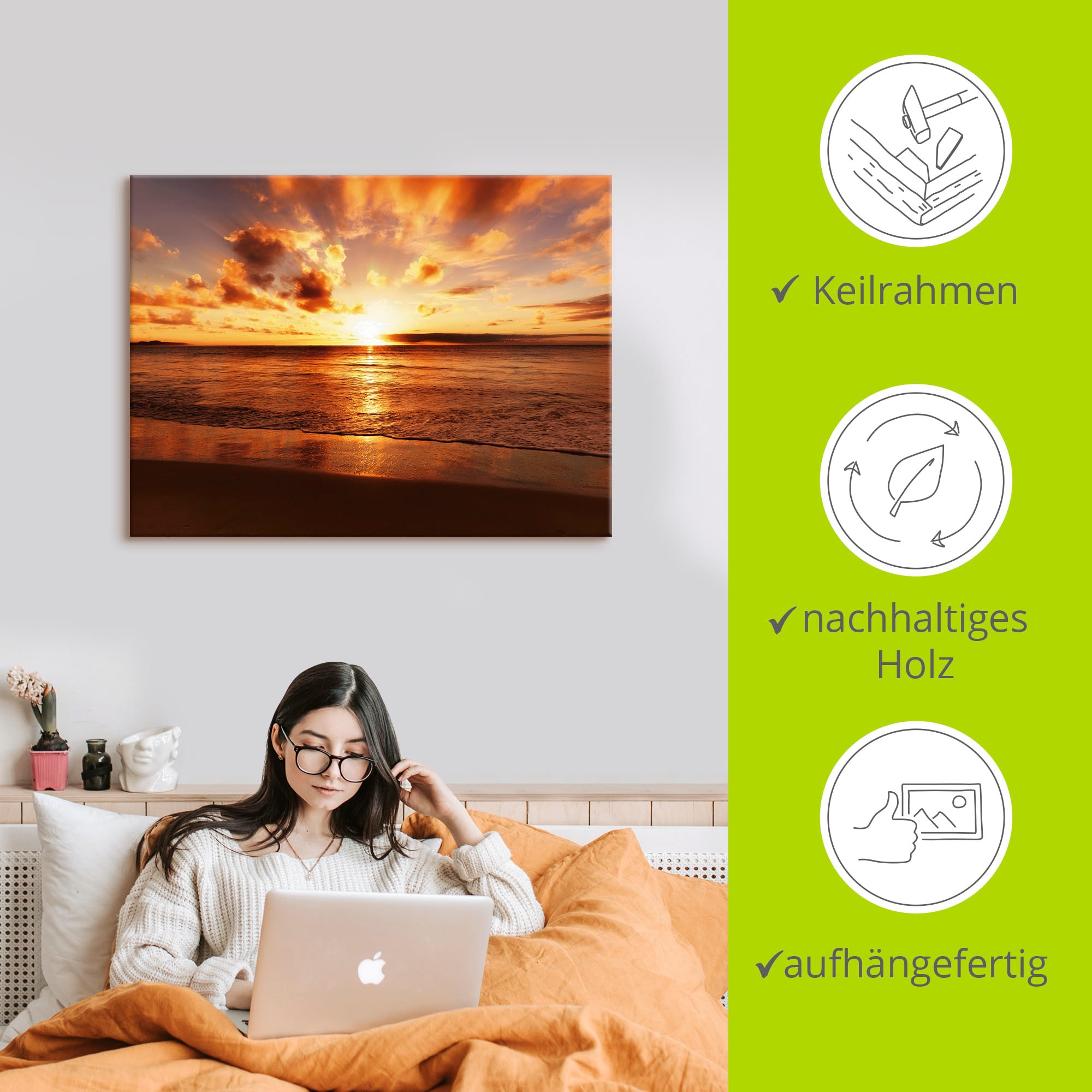 Artland Wandbild »Schöner Sonnenuntergang Strand«, Gewässer, (1 St.), als Leinwandbild, Poster, Wandaufkleber in verschied. Größen