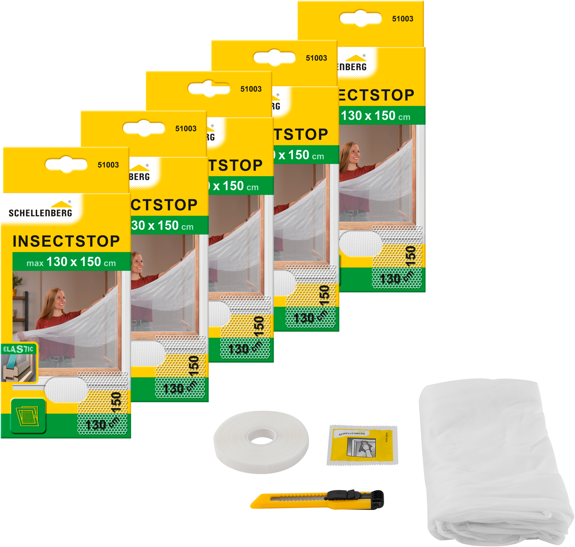 SCHELLENBERG Fliegengitter-Gewebe "Elastic ohne bohren", B/H: 130cm x 150cm, 5er Pack, weiß, Insektenschutzgitter, elastischer Insektenschutz für