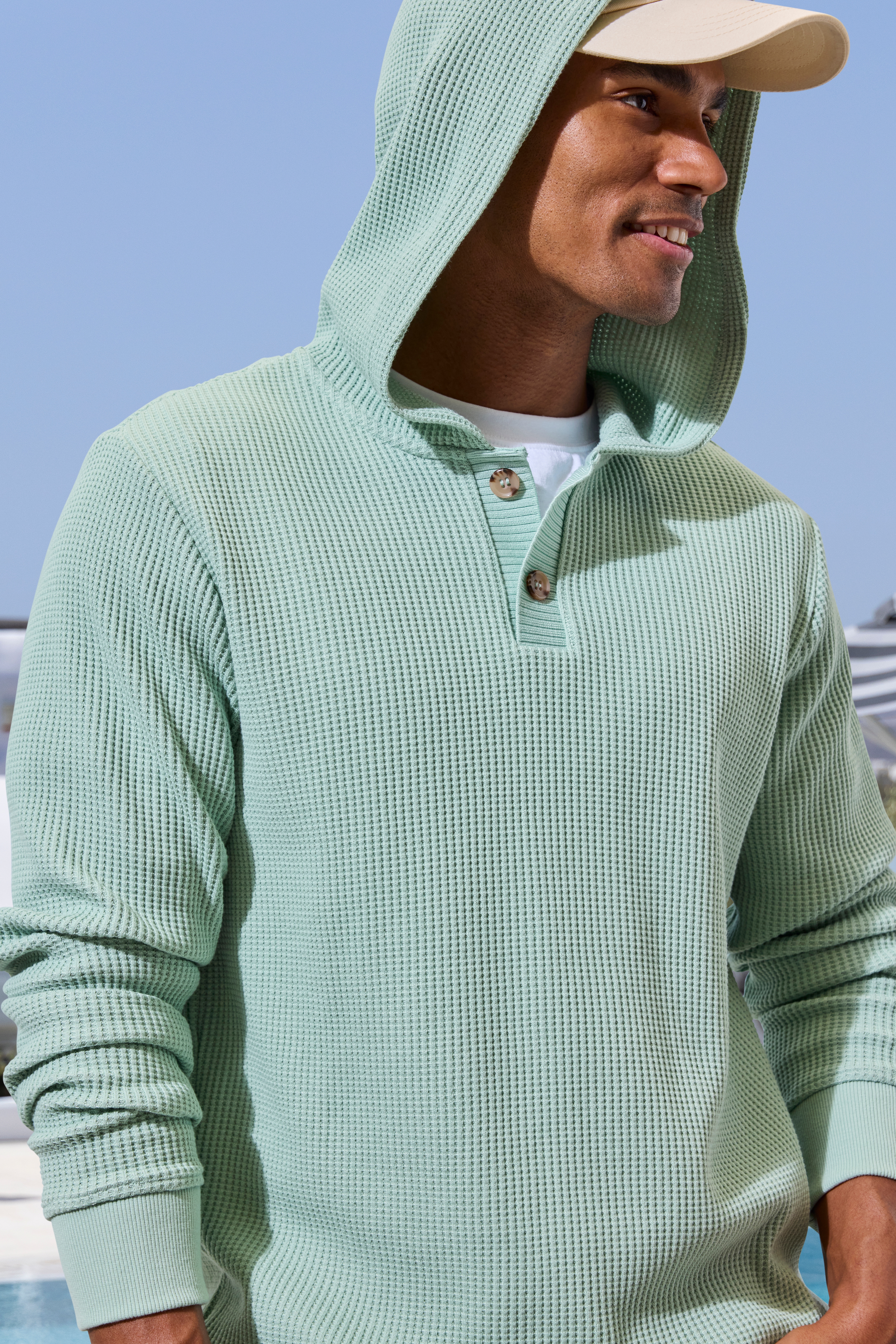 John Devin ", Strickhoodie - Kapuzenpulli aus Waffelstrick", Sommerhoodie mit Knopfleiste
