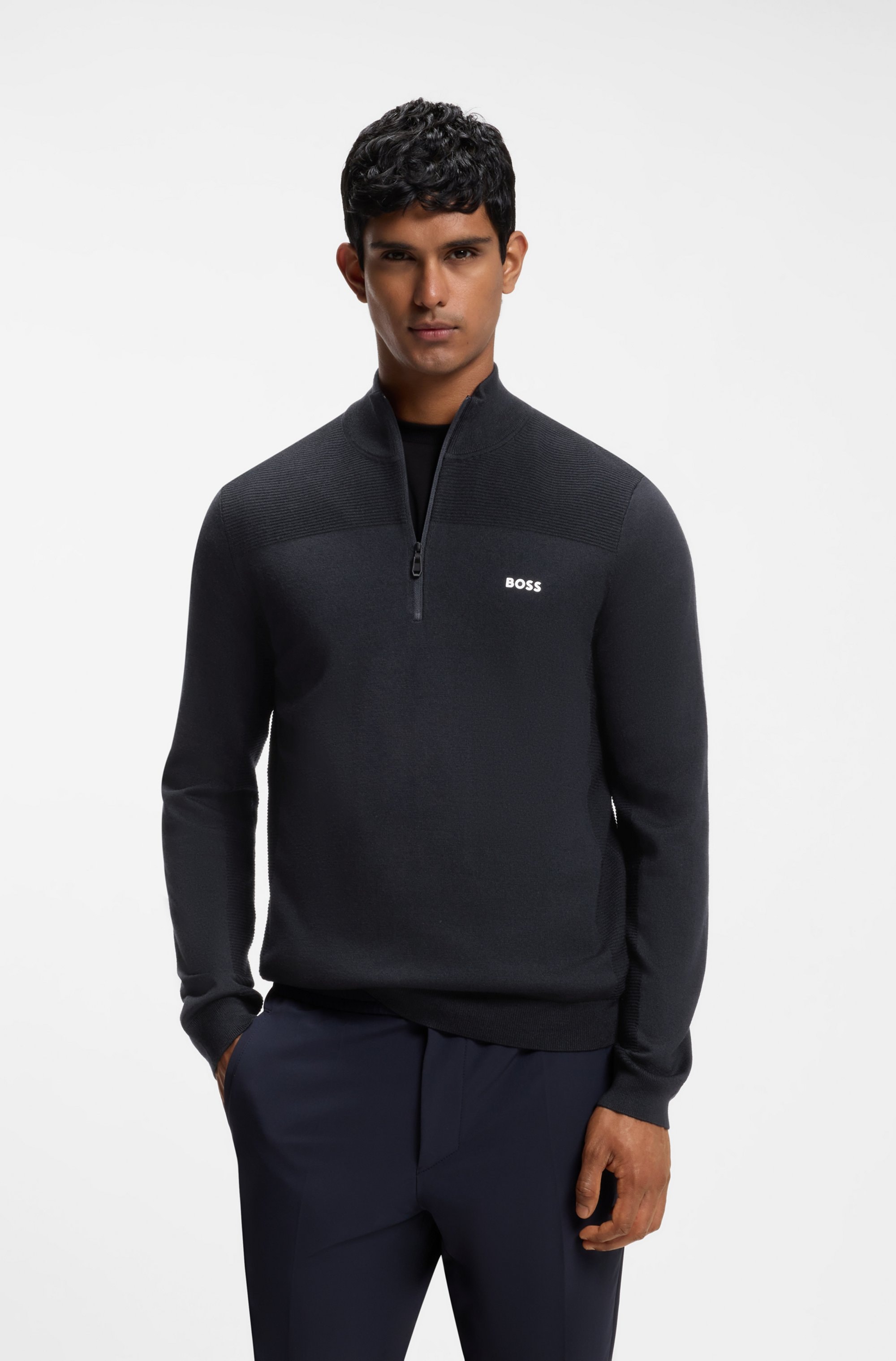 BOSS GREEN Strickpullover Stehkragen mit Reißverschluss, Regular Fit