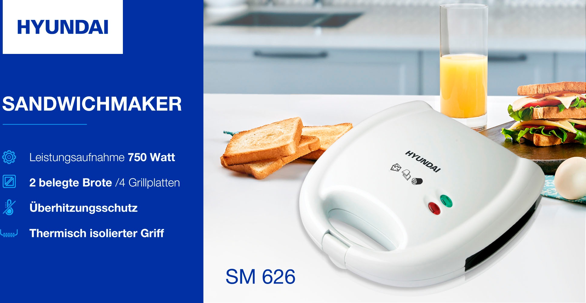 Hyundai Sandwichmaker »SM626«, 750 W, Lichtsignalisierung, Sicherheits-Thermosicherung, Temperaturautomatik