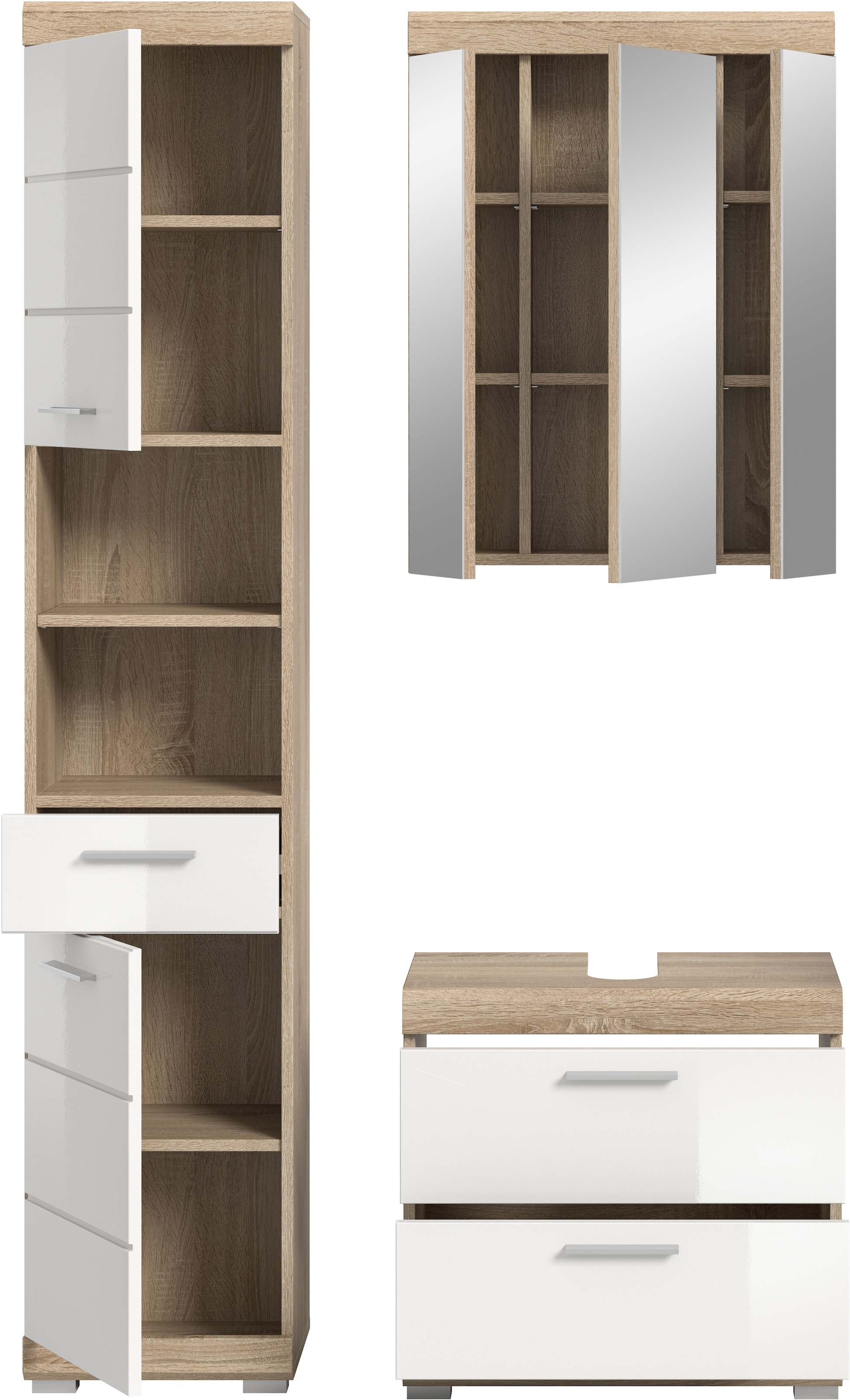 INOSIGN Badmöbel-Set »Siena, 3 teilig, bestehend aus:«, (Set), Hochschrank, Waschbeckenunterschrank, Spiegelschrank