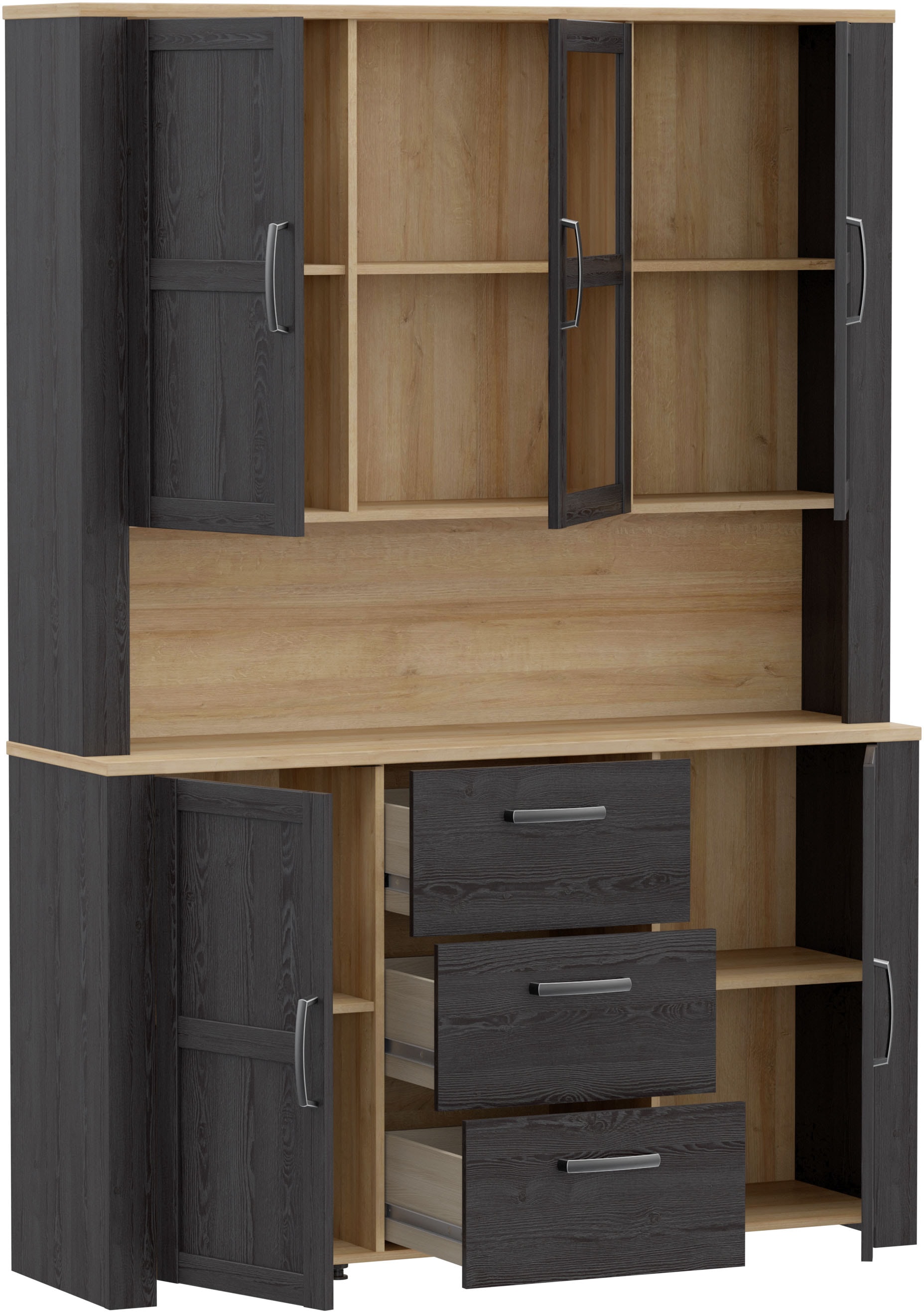 FORTE Buffet »Bohol, großes Highboard,4Türen, 1 Glastüre, 3 Schubkästen« B/H/T 146,1/205,4/42 cm, sehr viel Stauraum