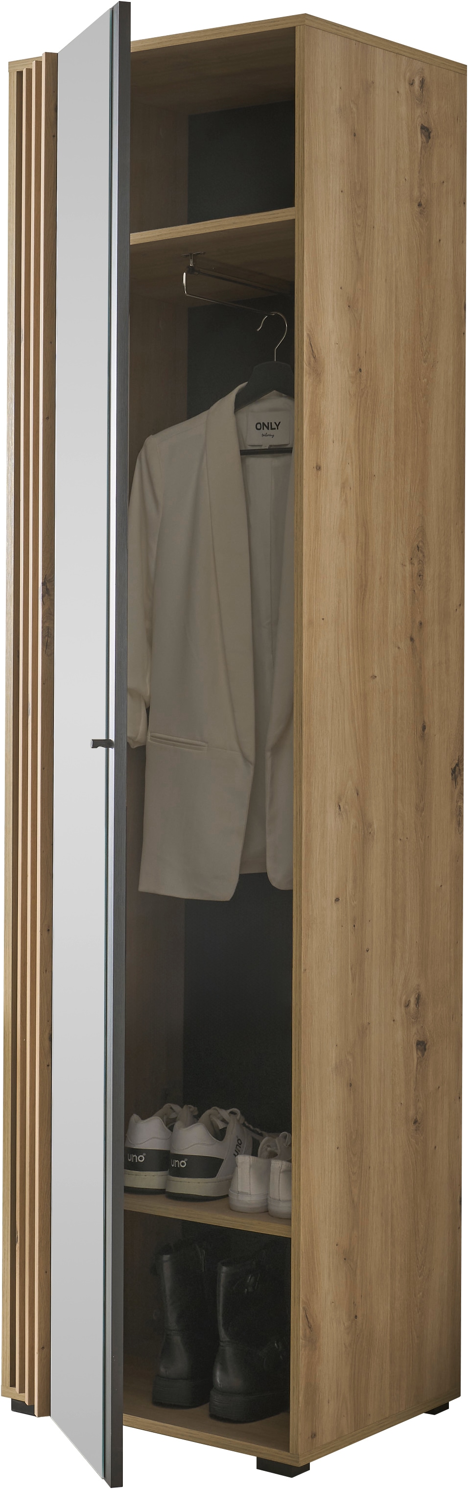 HBZ Garderoben-Set »5-tlg. Eiche MDF Stripes Flurgarderobe Stellmaß BxHxT 230x196x38 cm«, (5 St.), Mit Schuhkommode, Hochschrank, Bank, Paneel, Spiegel