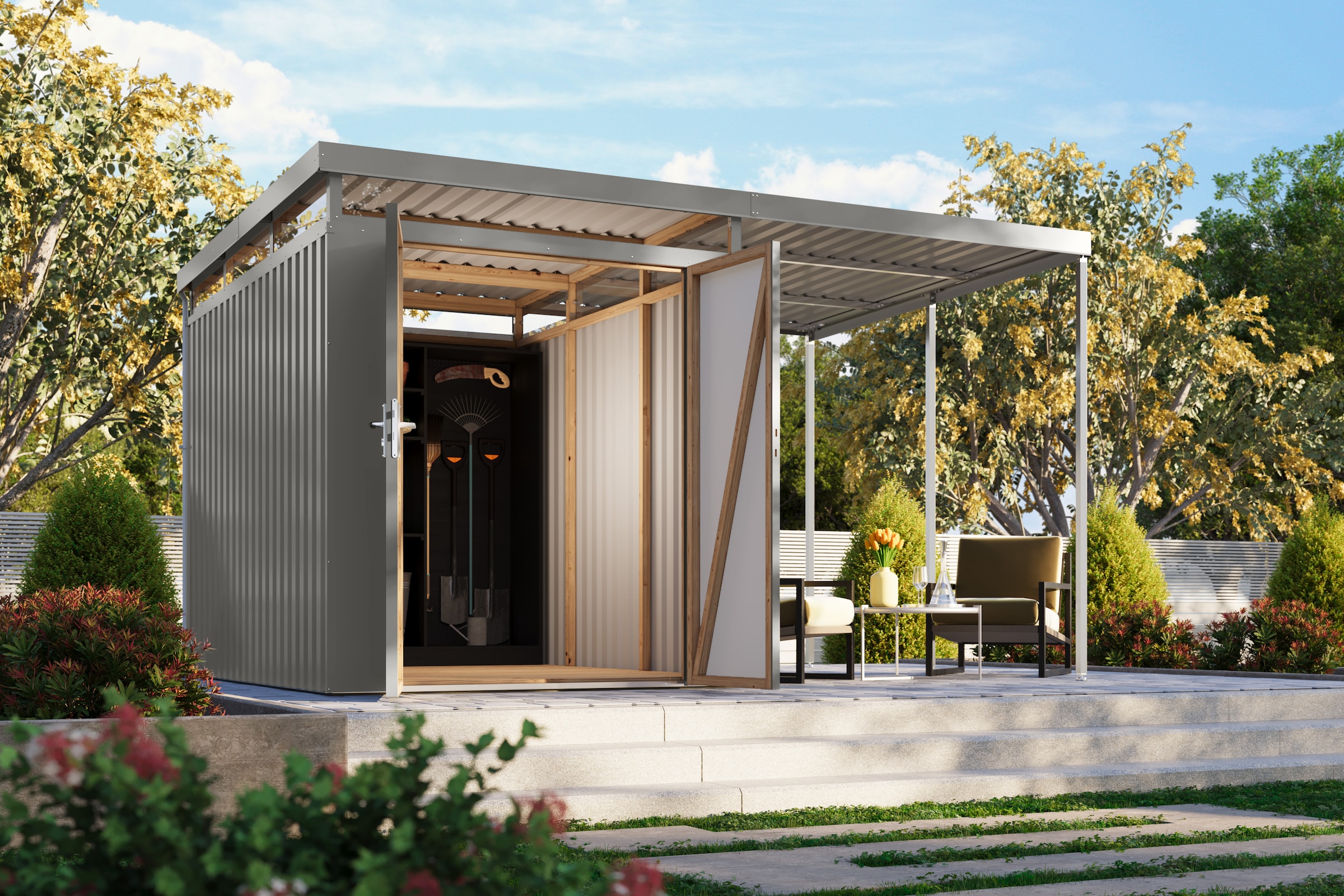 Karibu Gerätehaus "Titanium 2,5 SET mit Anbaudach" Made in Germany