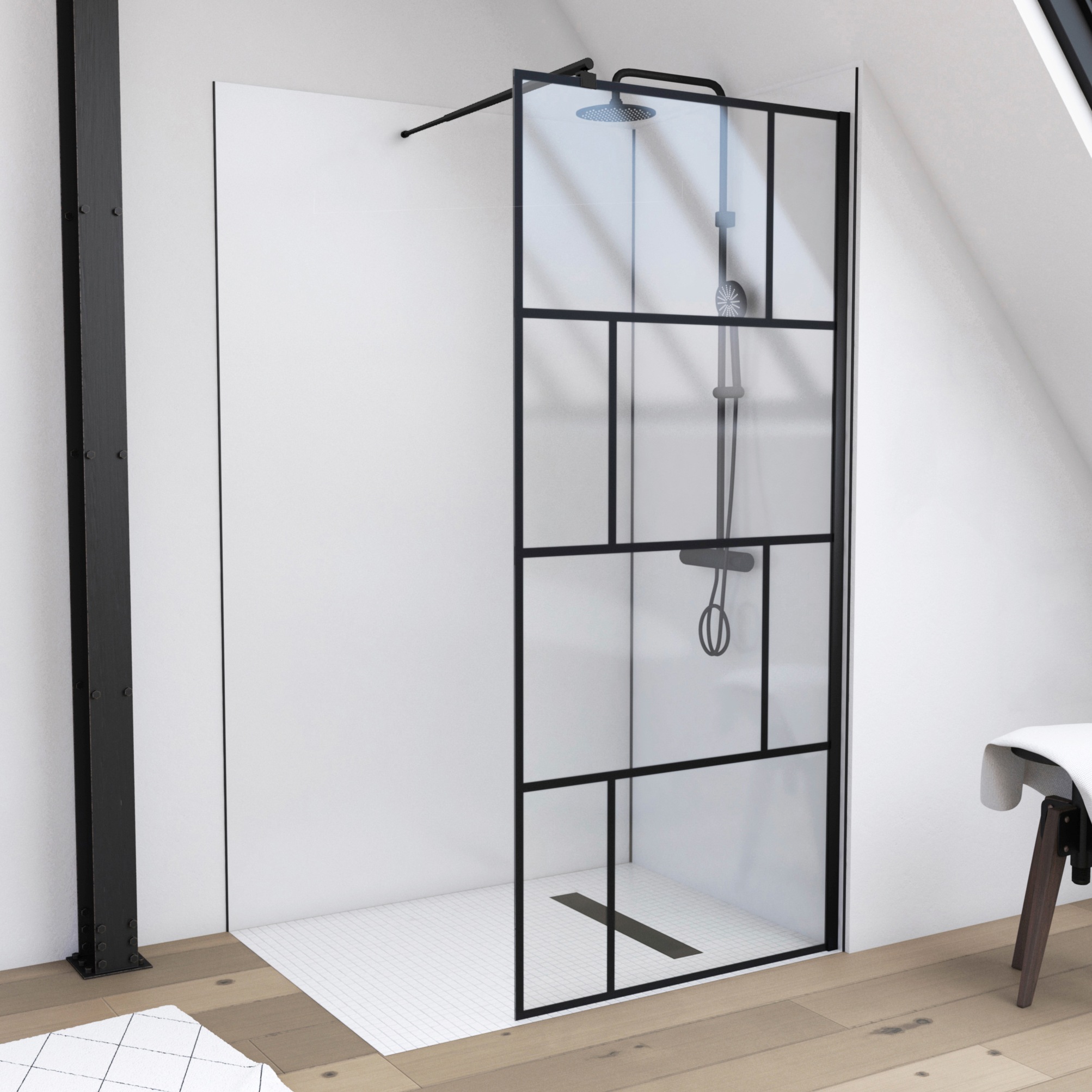 Marwell Walk-in-Dusche "Bricks" 3 Stk. tlg. 90 x 195 cm, inkl. Haltestange für Wandmontage