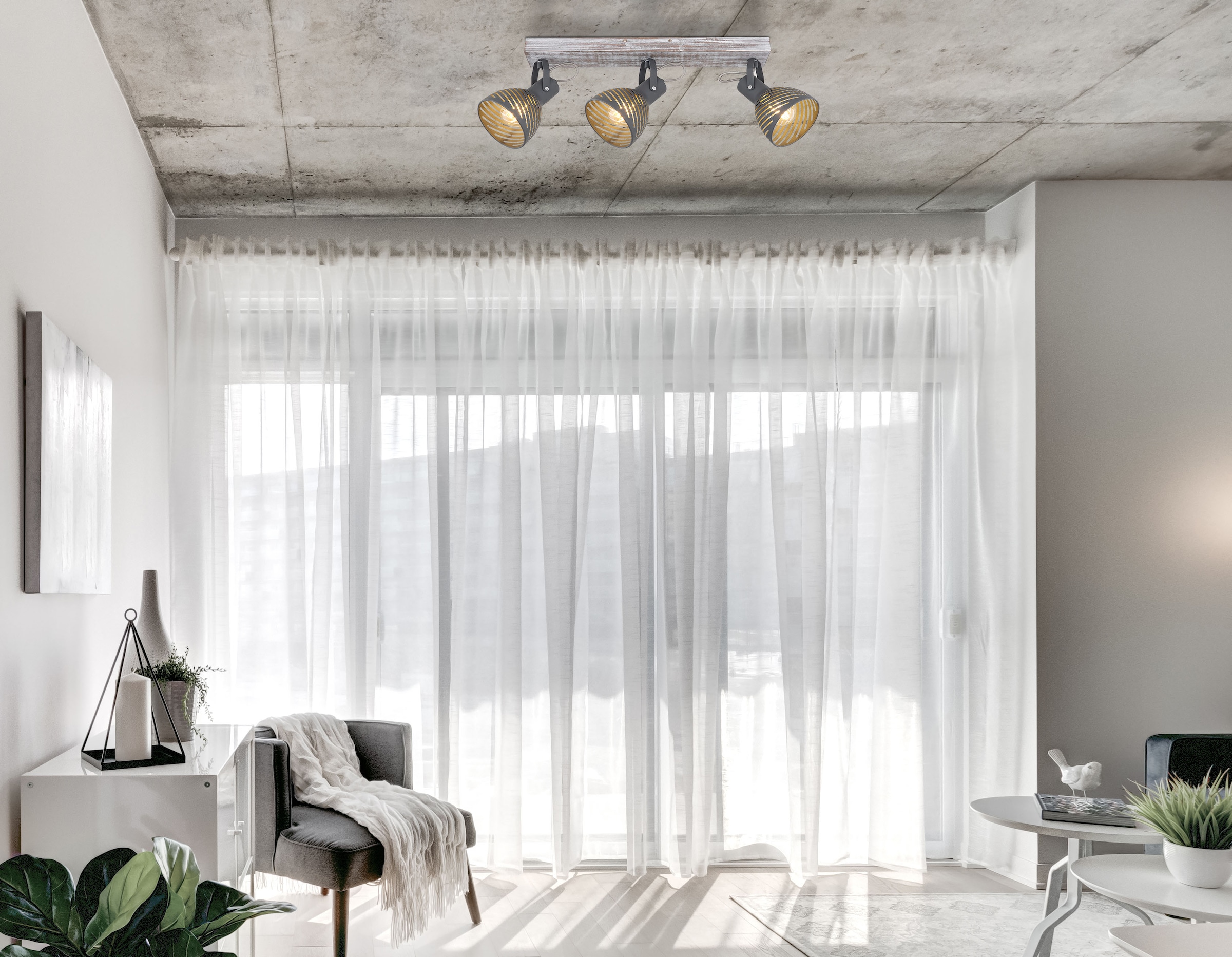 GLOBO LIGHTING Deckenspot »MORI« E27 1 Stk. Weiß getünchter Holz-Strahler mit blauen Metall-Schirmen