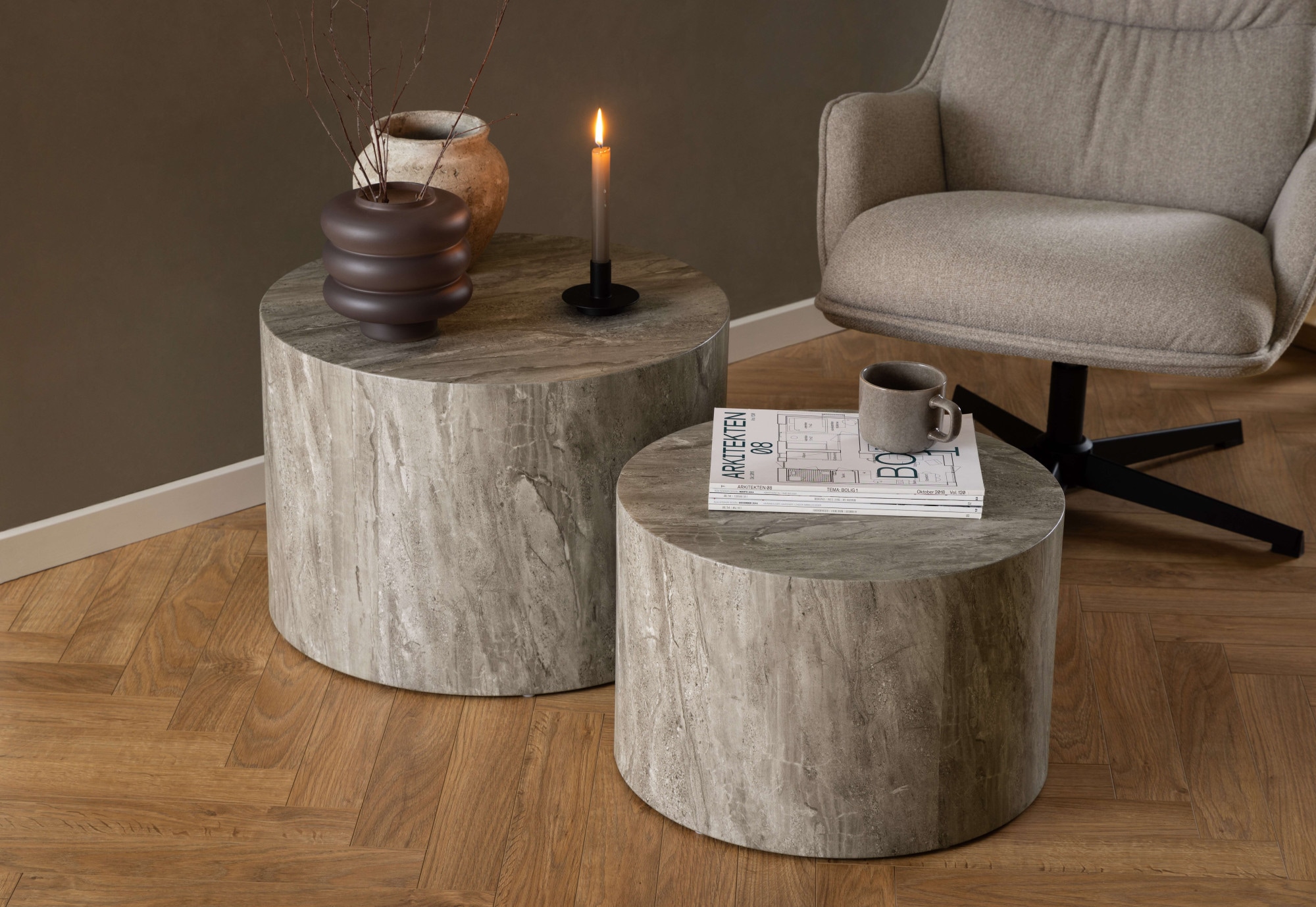ACTONA GROUP Couchtisch "Dice 2er Set - Steinoptik, modern & stilvoll, skandinavisches Design" Couchtisch, Beistelltisch, rund, 2er-Set, Steinoptik, in weiteren Variationen, T: 58/50 cm