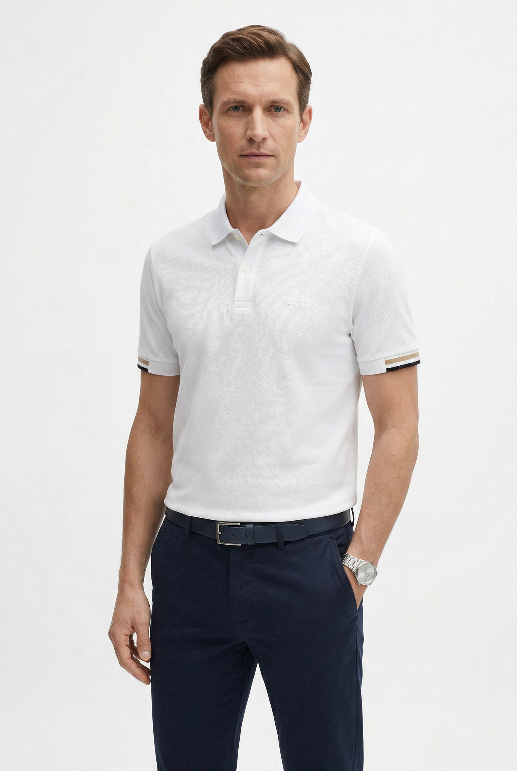 BOSS Herren Poloshirt "Parlay 147"weiß 100, Gr. S, unifarben, Jersey, Obermaterial: 100% Baumwolle, Shirts